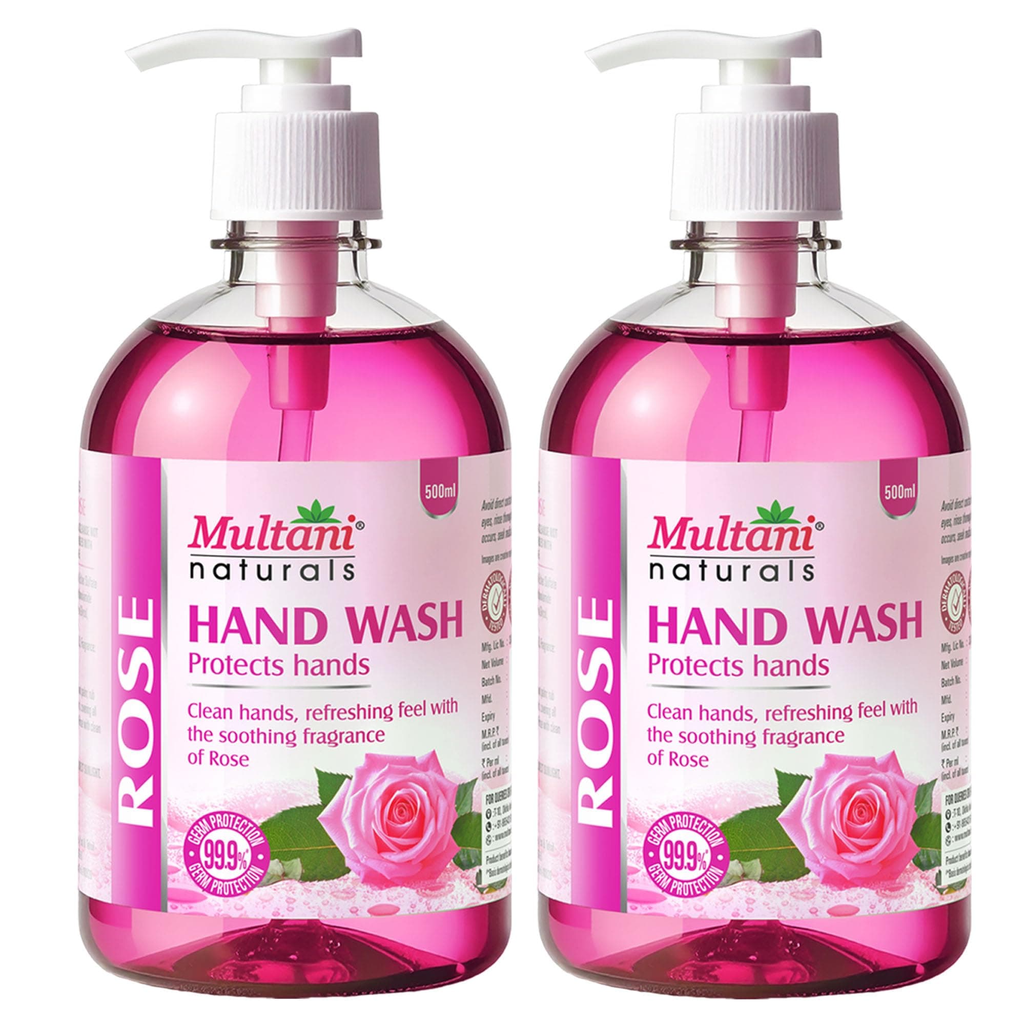Multani Natural Rose Hand Wash - 500 ml (Pack of 2) | Gentle Hand Cleanser With Natural Ingredients | Moisturizing Hand Wash | 99.9% Germ Protection Liquid Hand Wash