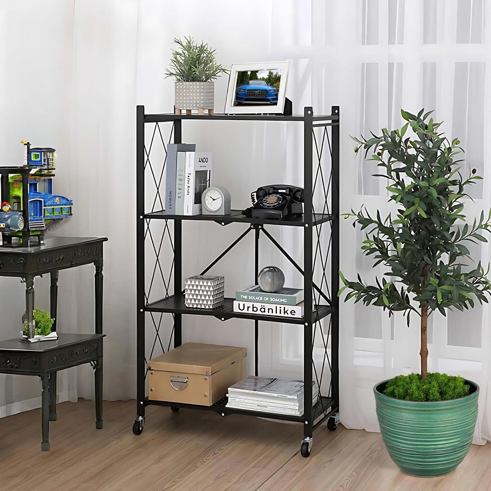 TNT THE NEXT TREND Bigkart Pre-Assembled Foldable Metal Rack for Storage with Wheels | Space-Saving Kitchen Storage Rack, Bookshelf
