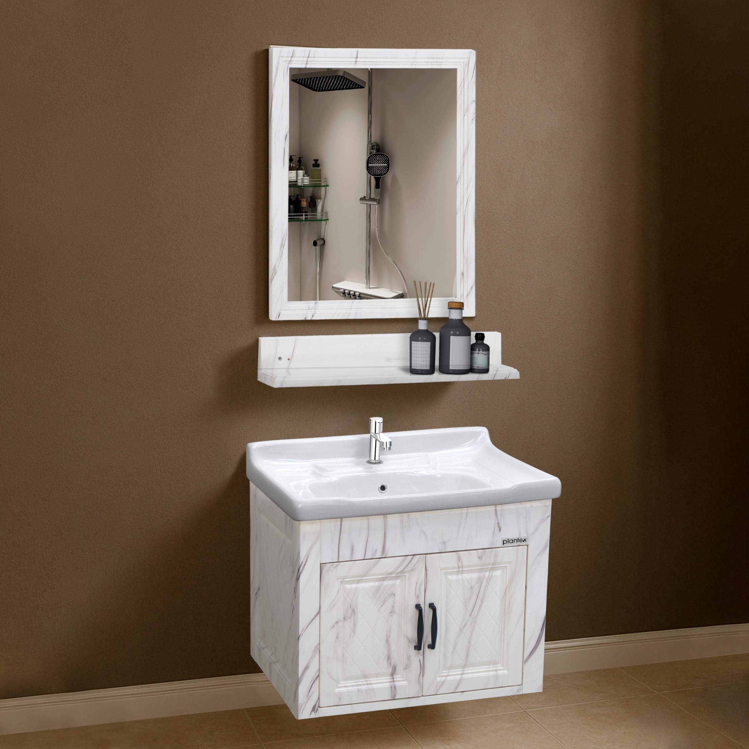 Plantex Glass, Ceramic, HPP Unbrekable Bathroom Vanity Cabinet & Washbasin Set/Basin Cabinet for Bathroom with Mirror (White)