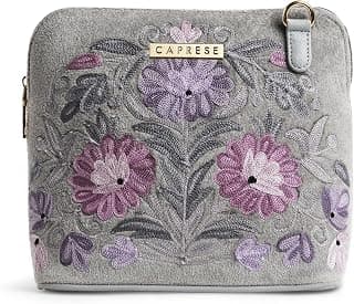 Caprese Siji Tresana Small Crossbody Bag for Women | Kashida Embroidery Sling with Adjustable & Detachable Strap, Secured Zip Closure | Stylish & Spacious Handbag for Everyday Use & Travel