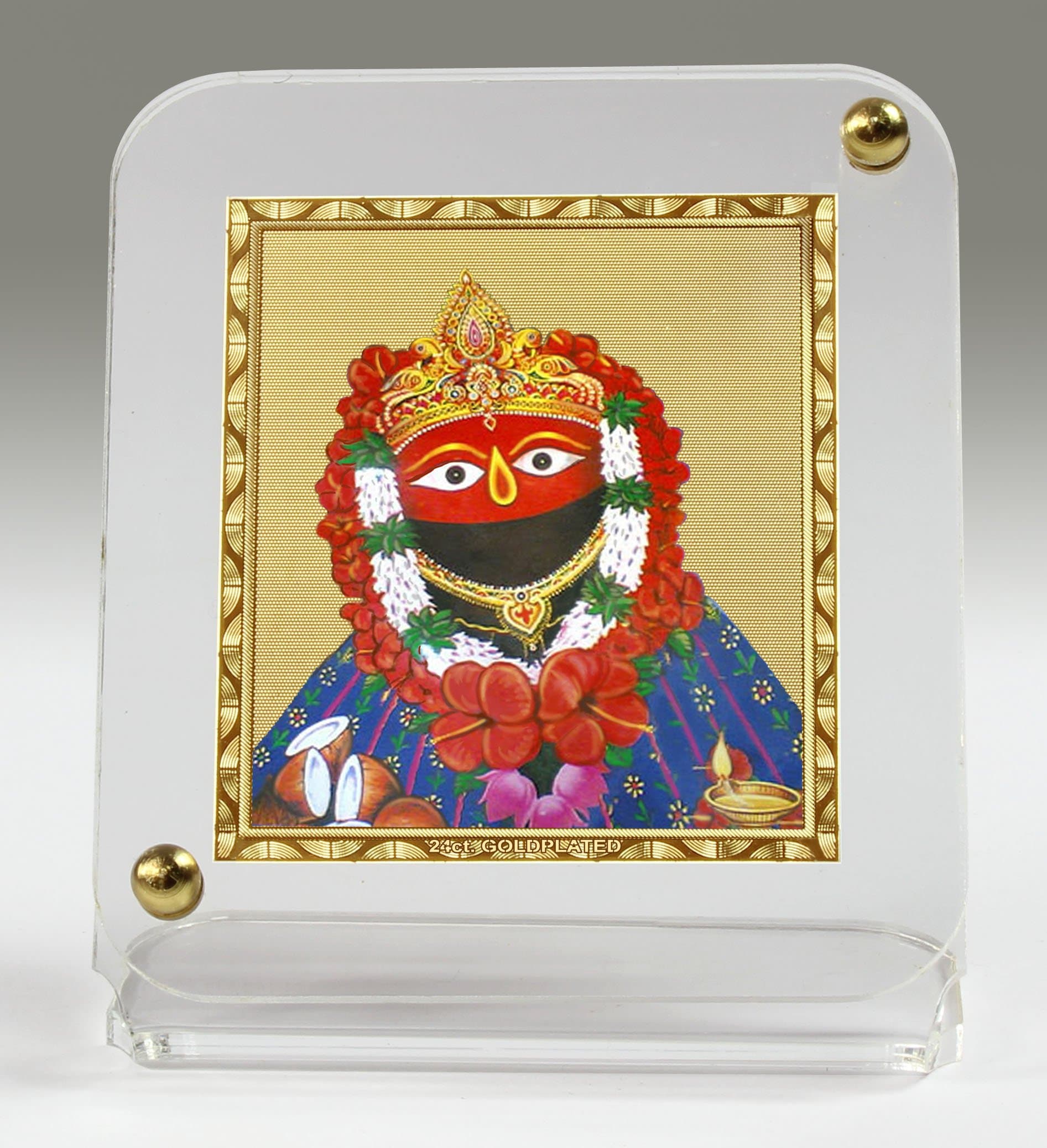 Eknoor Gold Plated Maa Tarini for Home and Car Dashboard | 24 Carat Gold Plated Foil with Gold Border God Idol on Acrylic Recta 45 Base for Puja Ghar, Office Desk | 8x6.5 CM