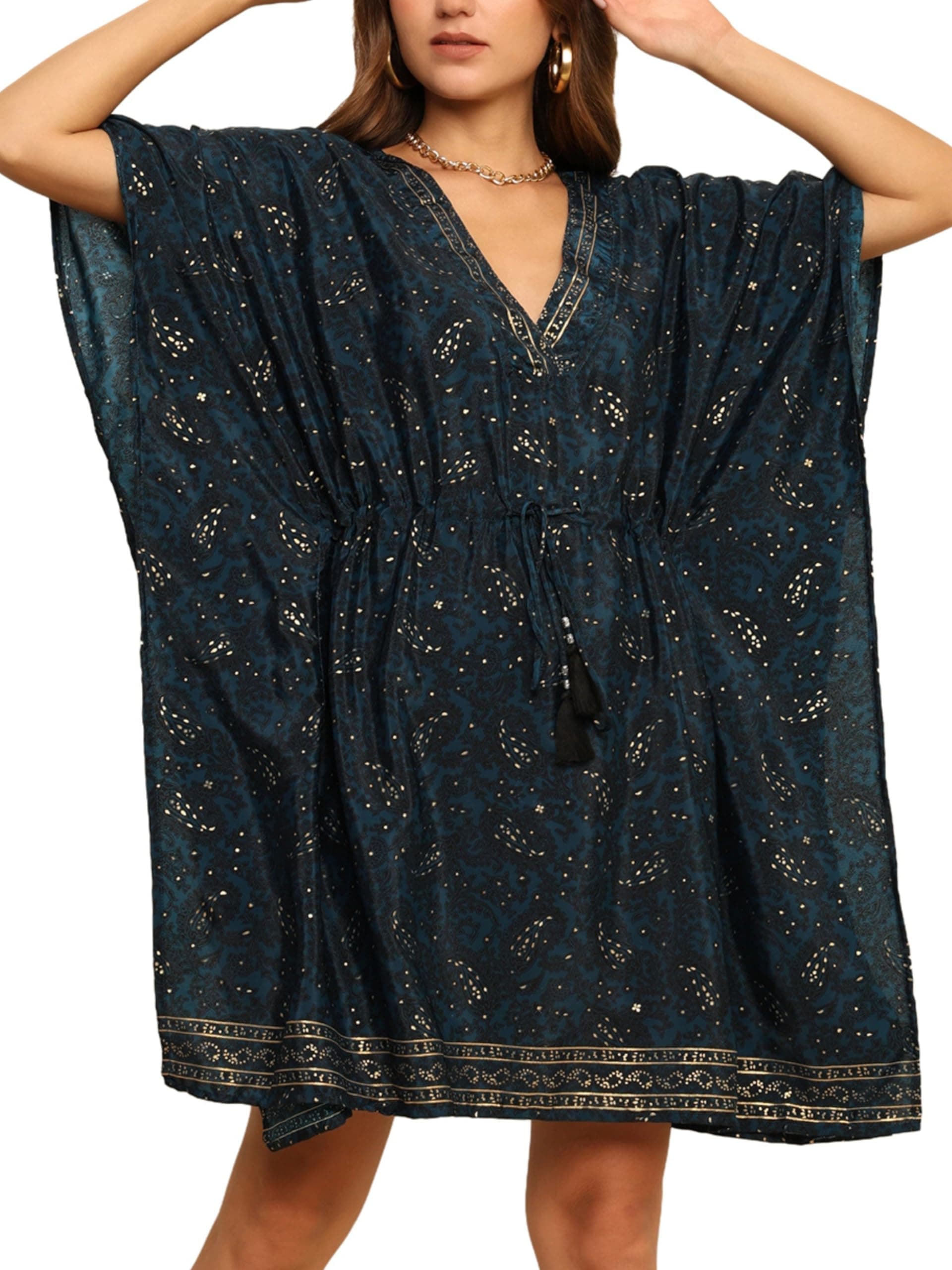KE KANHA EXPORTS Kaftan Dress for Women Stylish|Beach Wear Dress for Women|Boho Border Print Kaftan|Adjustable Drawstring Tassel|Free Size M-XXL FREE Scrunchie Included