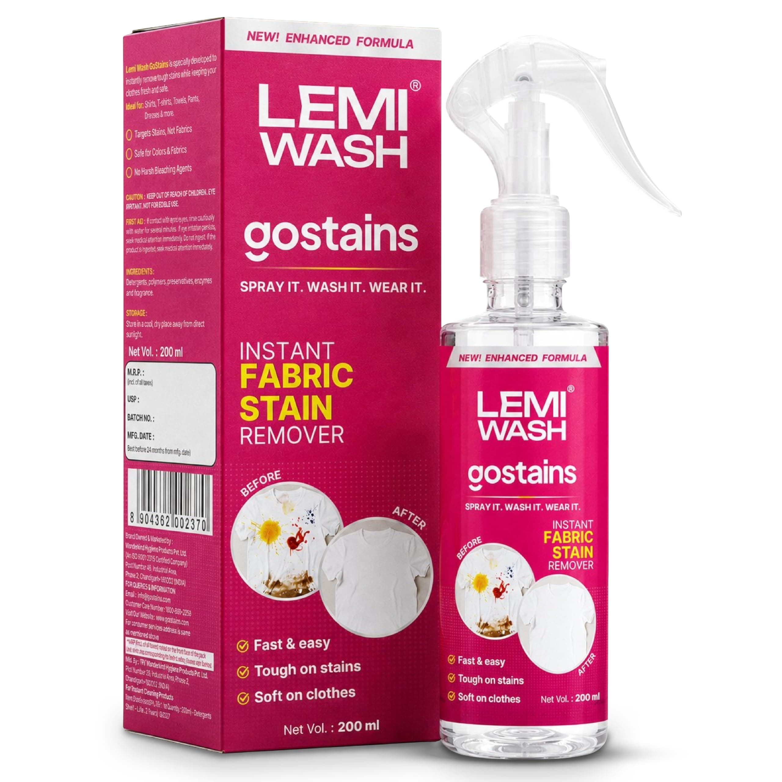 Lemi Wash GoStains Fabric Stain Remover for Clothes 200ml | Instant Fabric Stain Remover Spray | Biodegradable, Non-Bleach | Effective on Collar, Cuff, Grease, Tea & Coffee Stains