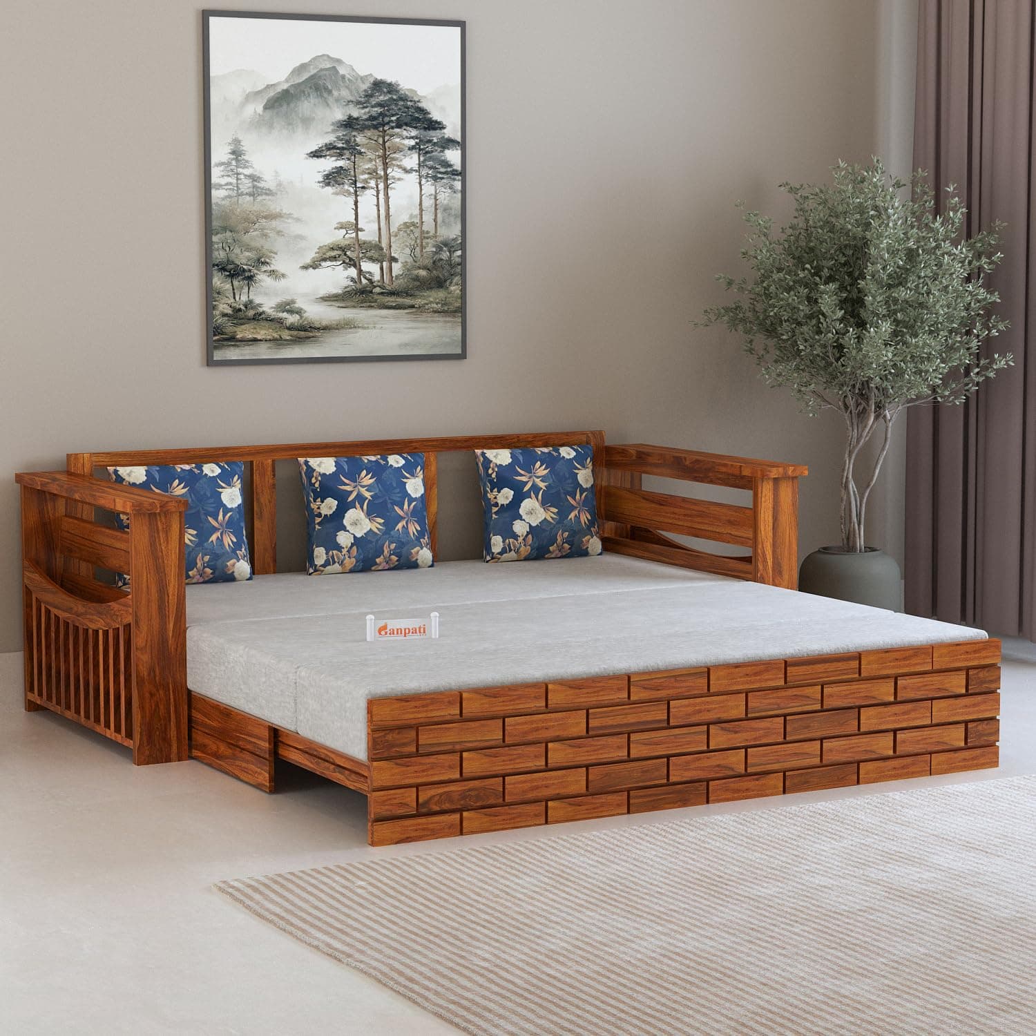 Ganpati Arts Sheesham Wood 3 Seater Sofa Cum Bed for Bedroom 1 Year Warranty (Brown)