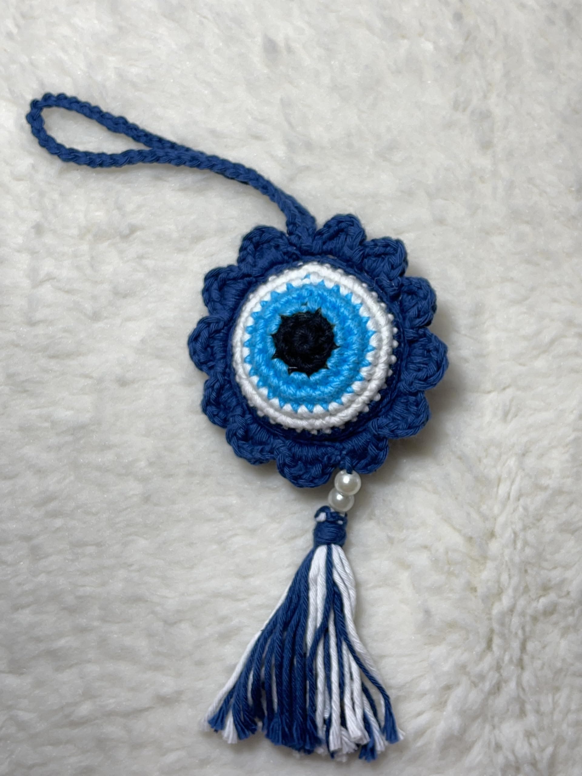 Lyfgoods Evil Eye Crochet Charm with Blue Tassel, 17CM, Handmade Wall Hanging/Door Hnaging/Car Hanging Decor, Nazar Battu for Bad Luck, Idea