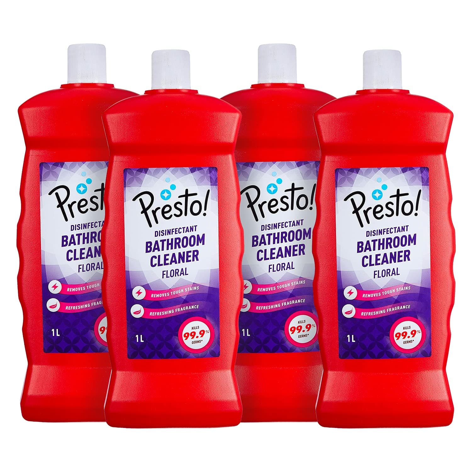 Amazon Brand - Presto! Bathroom Cleaner | Floral | 4 Litre | 1 L X 4 Packs | Suitable For Bathroom Floors, Slabs, Wall Tiles, Sinks, Basins, Stainless Steel Taps, Shower Heads