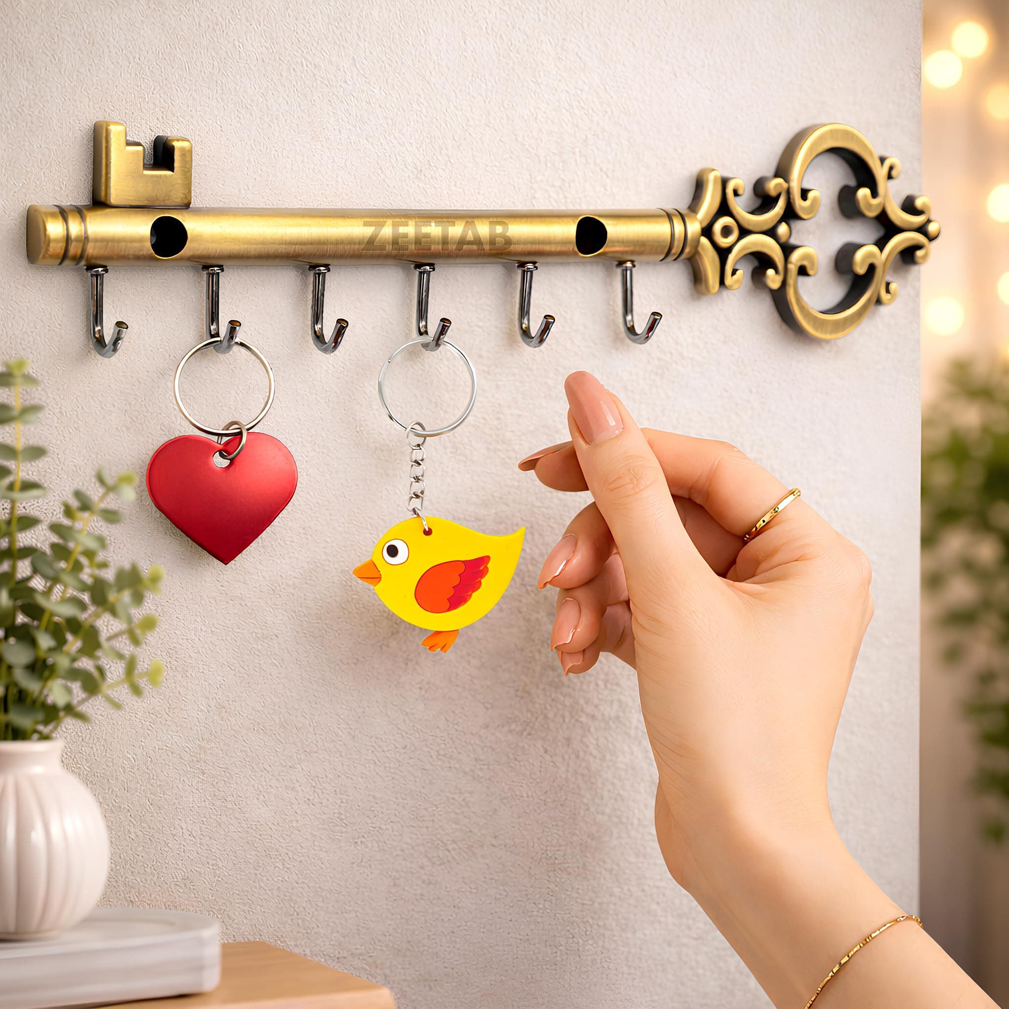 Zeetab Royal Key Shape Key Holder | Rajwadi Chabi Key Stand with 6 Hook & Brass Metal Wall Mount Hanger | Home Decor Gift (24x6cm) (Antique)