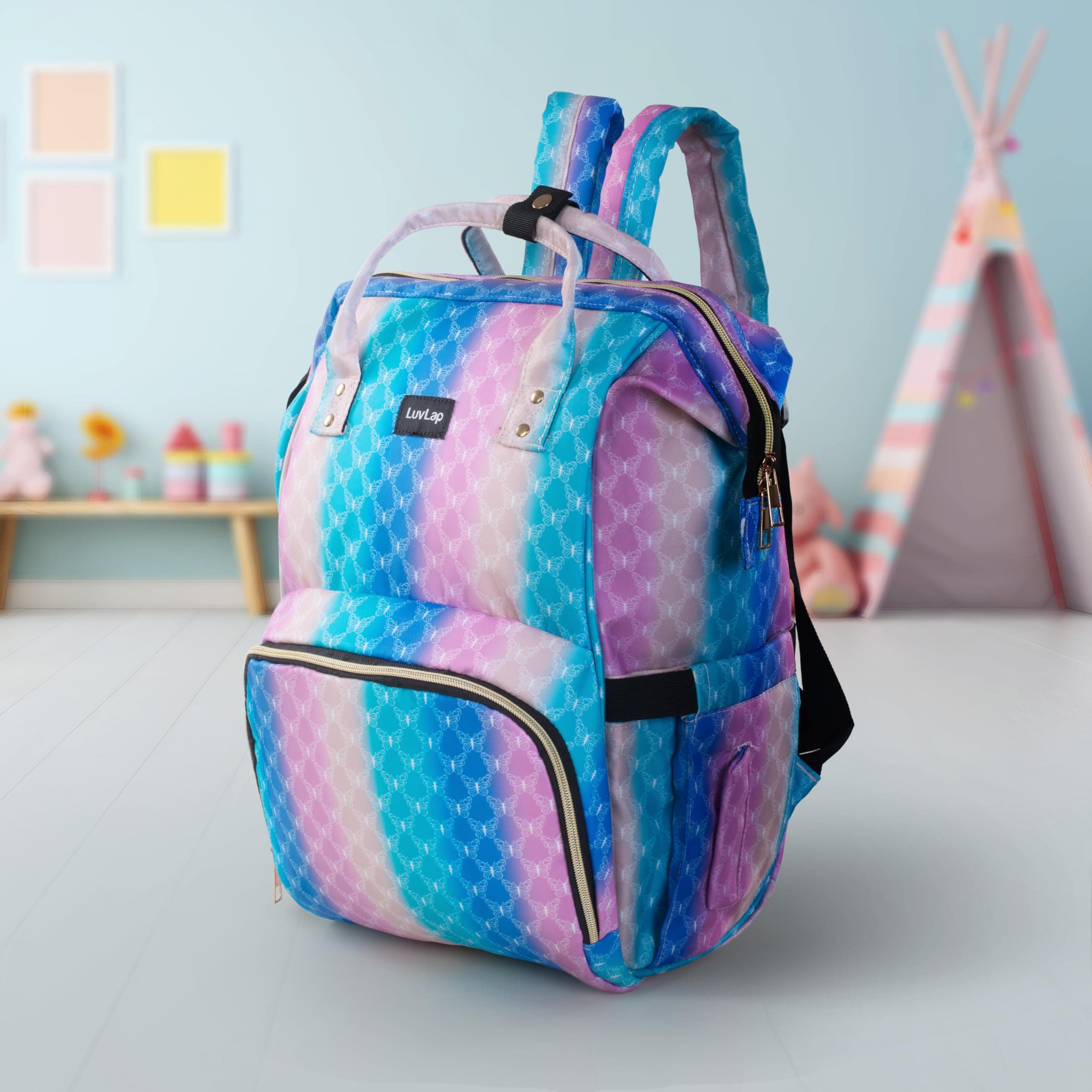 LuvLap Multifunctional Waterproof Diaper Bag for Mothers for Travel, Mother Travel Bag, Premium Oxford Waterproof Material, 24L Large storage capacity with 15 pockets, Butterfly (all over print)