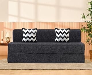 uberlyfe 3 Seater Sofa Cum Bed | 1 Year Warranty | Foldable Sofacum Bed | 15" Sofa Height| 2 Cushions Zigzag Pattern |Jute Finish Fabric, Dark Grey | 5' X 6' Feet