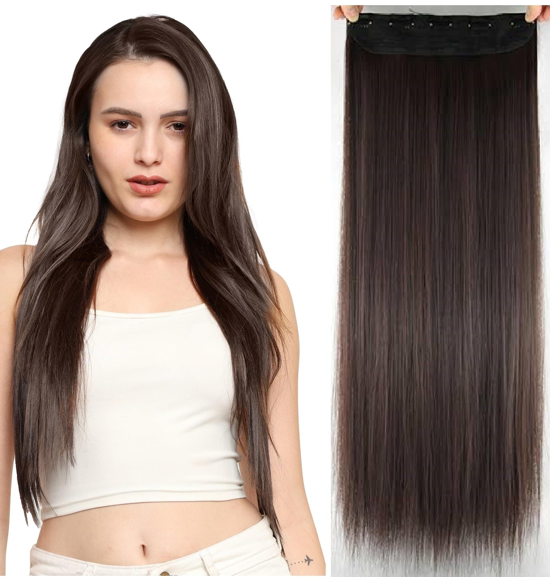 MoonEyes, Natural Brown Straight Hair Extensions in High Temperature Synthetic Fiber in 24 inch, 5 Clips Head in 1 Piece For women and girls (Light Brown)