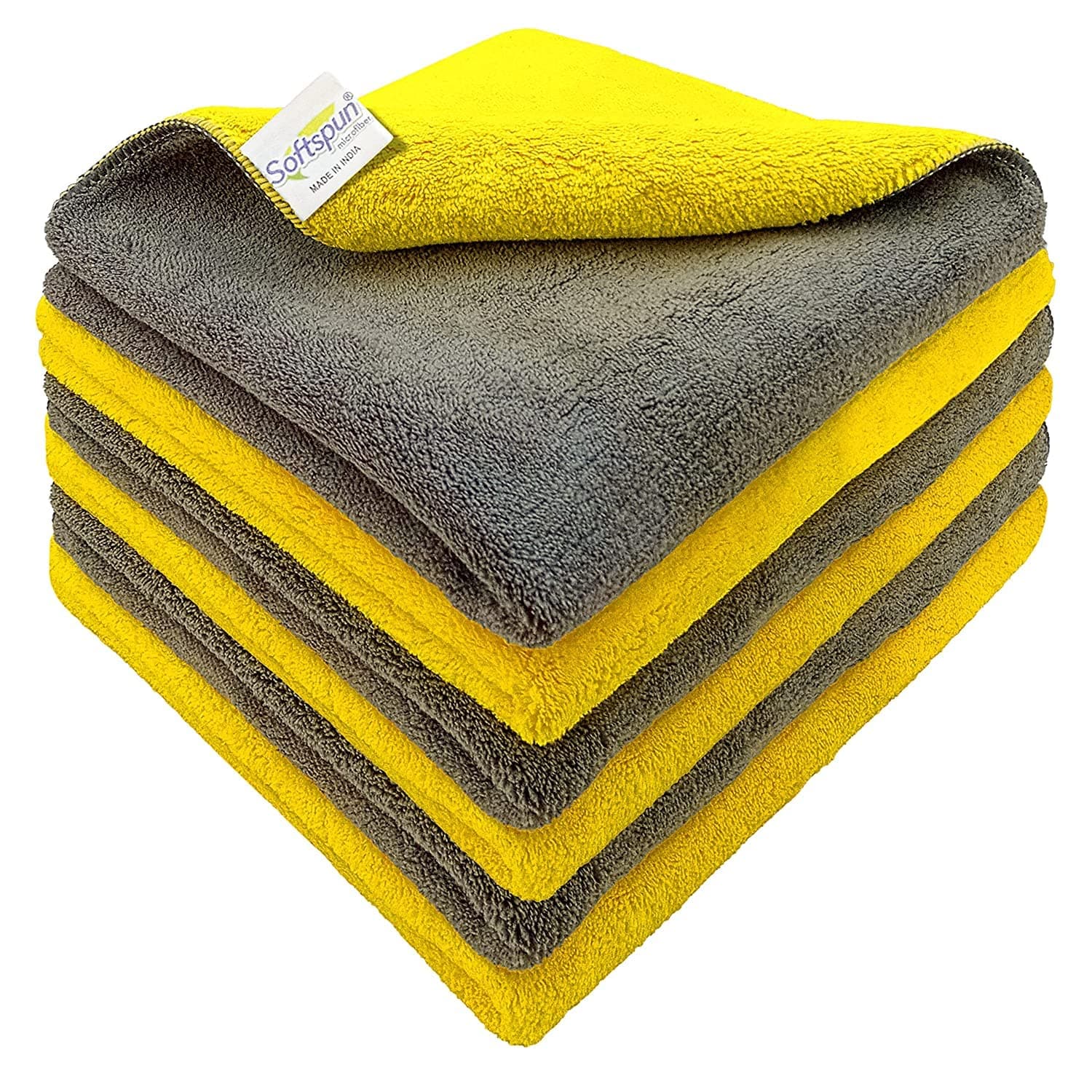 SOFTSPUN Microfiber Cloth - Defected Cloth, Going Cheap! 4 pcs 40x40 cms 900 GSM Grey+Yellow! Thick LintStreak Free Multipurpose Cloths for Car Bike Cleaning Polishing Washing & Detailing.