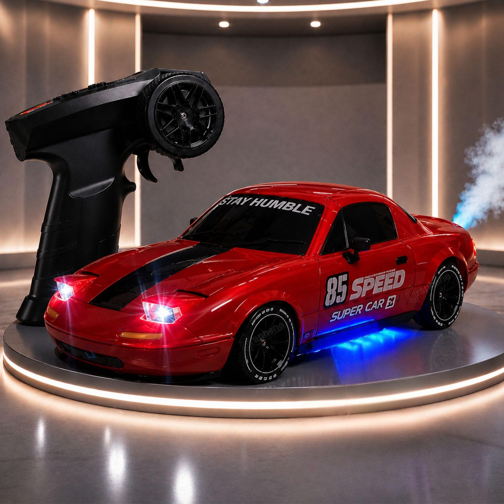 GRAPHENE 1:24 4WD Remote Control Drift Car for Boys RC Stunt Car LED Pop up Lights Smoke Effect 2.4GHz High-Speed Racing Spray Rechargeable Toy Car for Kids Drift Tires Road Blocks Age 3+Years (Red)
