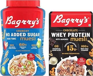 Bagrry's No Added Sugar Crunchy Muesli Jar, 1000g & Bagrry's Protein Muesli with Whey Protein, Almonds and Oats, 500g