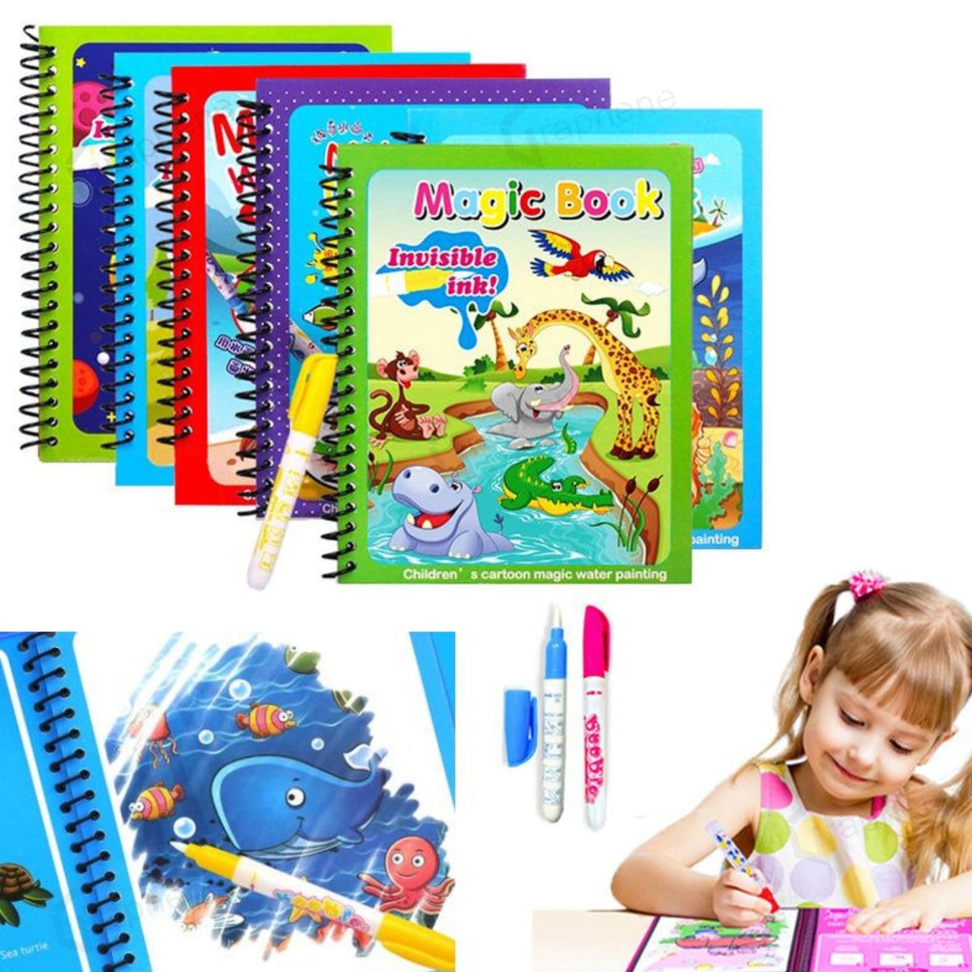 GRAPHENE® Pack of 5 Magic Water Coloring Doodle Book & Magic Pen Reusable Magic Water Quick Dry Book Water Coloring Book Doodle with Magic Pen Painting Board for Children Education Drawing Pad