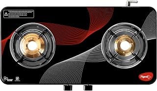 Pigeon Cosmic 2 Burner Glass Cooktop | SABAF Valves and Burners | 7 Year Warranty | Rust Proof Ultra - Slim Body | Toughened Glass | 92mm Super Jumbo Brass Burner | Manual Ignition