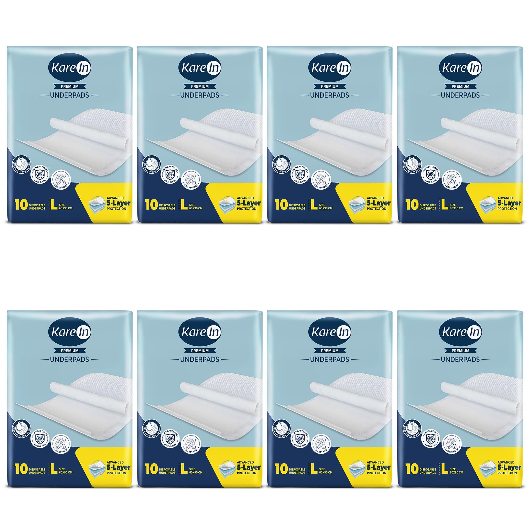 KareIn Premium Underpads For Adults, Large 60 x 90 cm, 80 Unit, Highly Absorbent, Anti-Bacterial, Rash Protection, Leak Proof, Protects Surfaces from Incontinence, Odor Control, Super Soft
