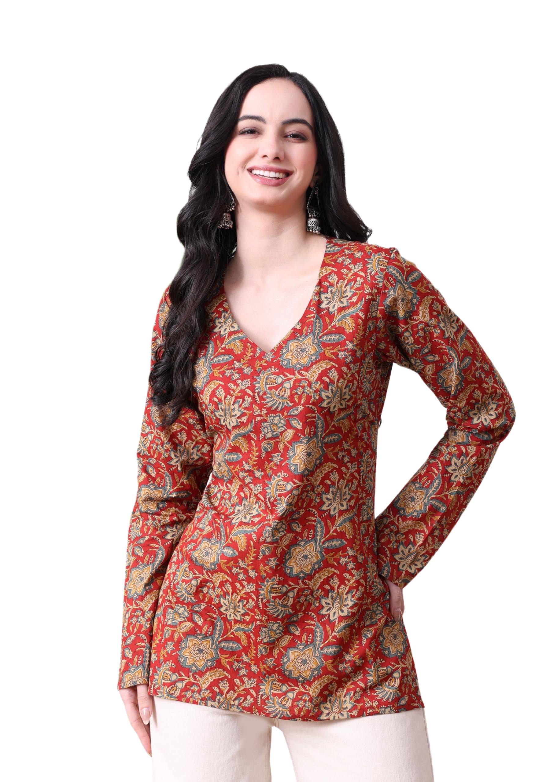 MEERA FAB Women's Floral Printed Cotton Short Kurta | Floral Printed Kurta with Full Sleeves | Short Kurti for Women