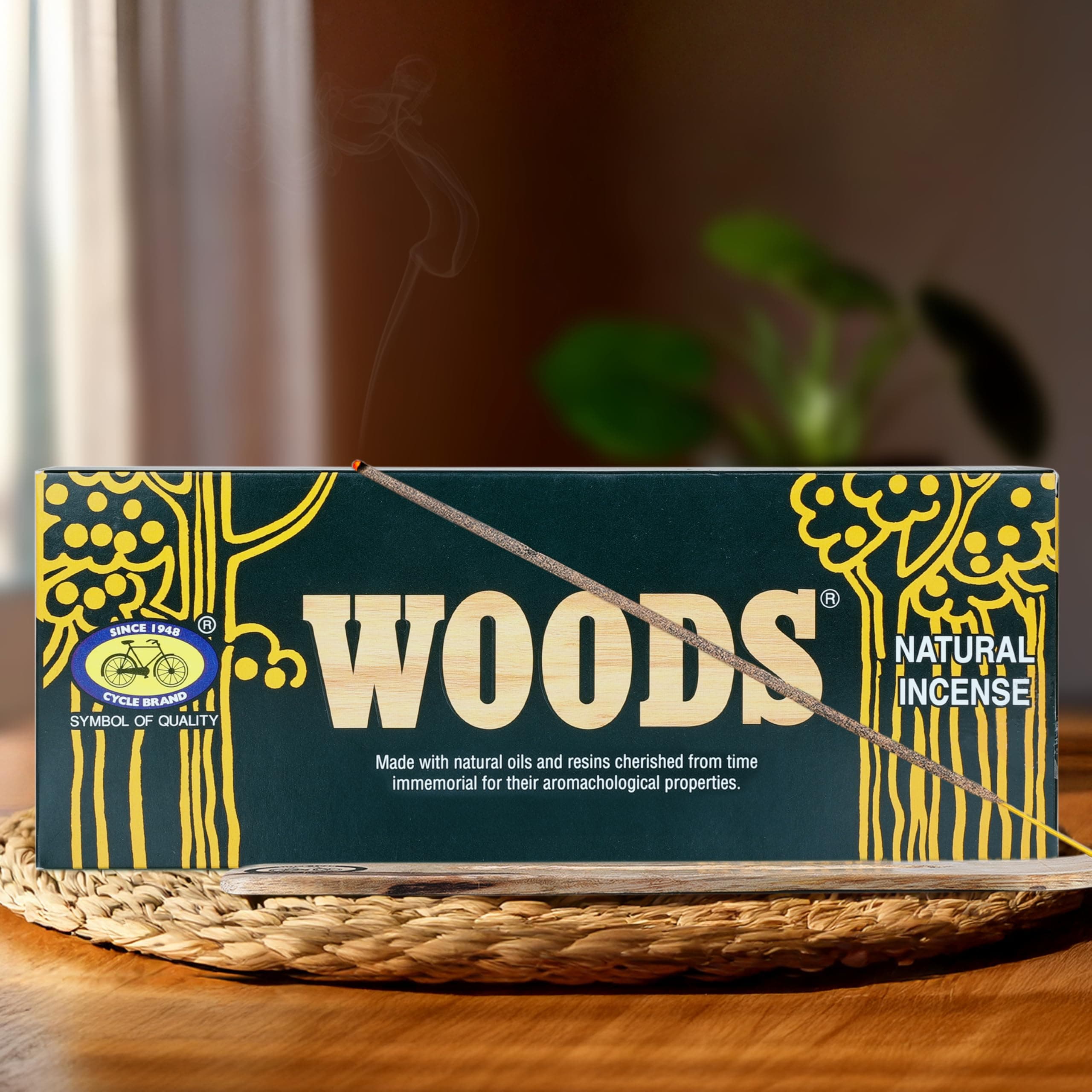 Cycle Pure Woods Natural Incense Sticks (9 Inch) with Ash Catcher | Agarbatti with Wooden Stand | Woody, Sandal, Resin, Masala, Amber, Natural Fragrance for Puja Rituals & Meditation | 130gm Pack of 1