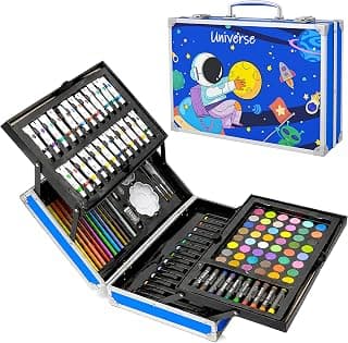 VGRASSP 145 Pcs Space Theme Painting & Drawing Art Kit Toy for Kids - Portable School Stationery Set with Color Sticks, Watercolors, Color Pencils, Sketch Pens & Craft Supplies
