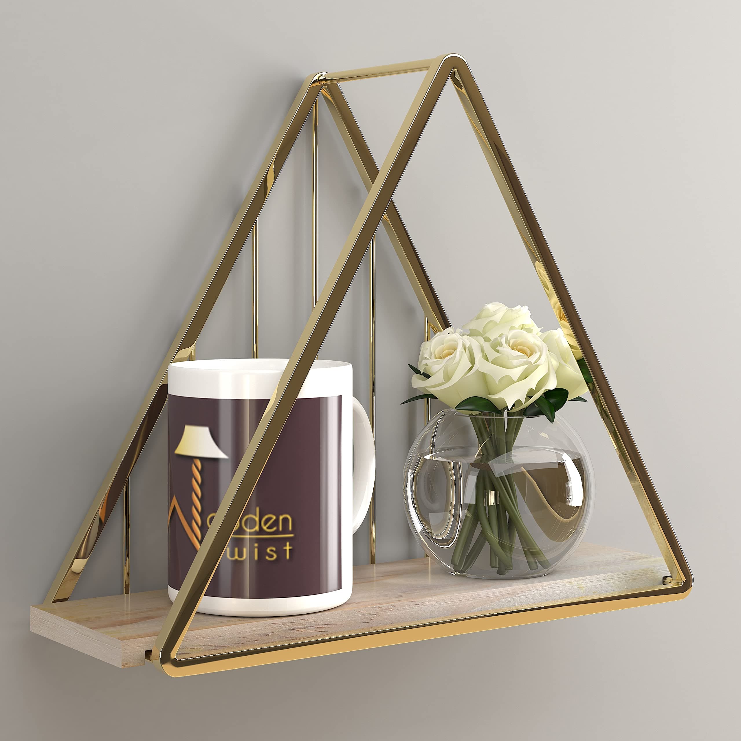 Wooden Twist Metallic Wooden Storage Wall Shelf (Golden Triangle)