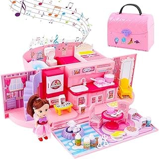 deAO 2 in 1 Portable Dollhouse With Light and Music Functions, Accessories, Carry Bag and Doll - Great Gift for Children (Pink)