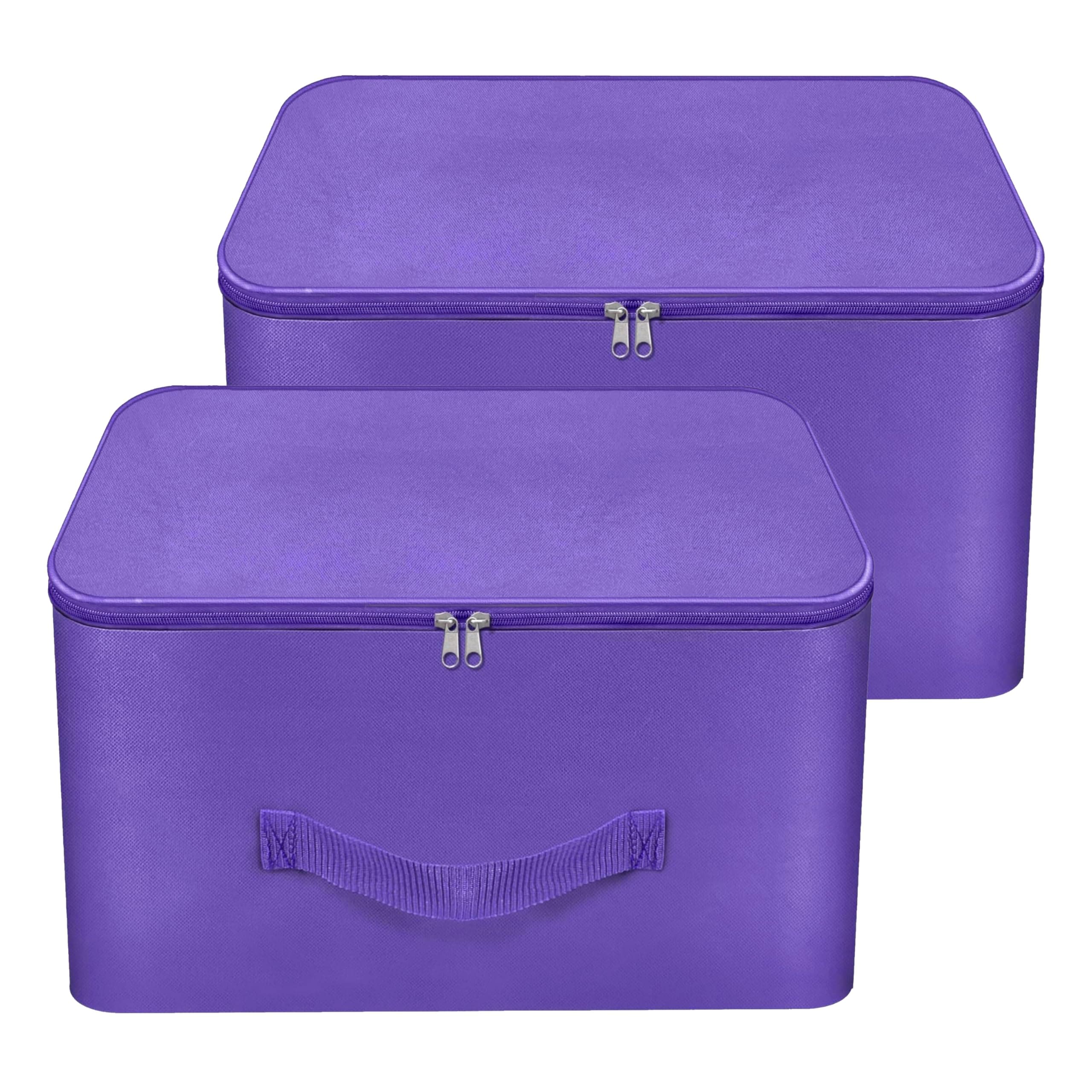 Storite 2 Pack Nylon Wardrobe Bag Underbed Cloth Storage Organizer | Moisture Proof Storage box for Clothes Saree Bags with Zippered Closure & Handle (Purple, 37x35x23 cm) Square