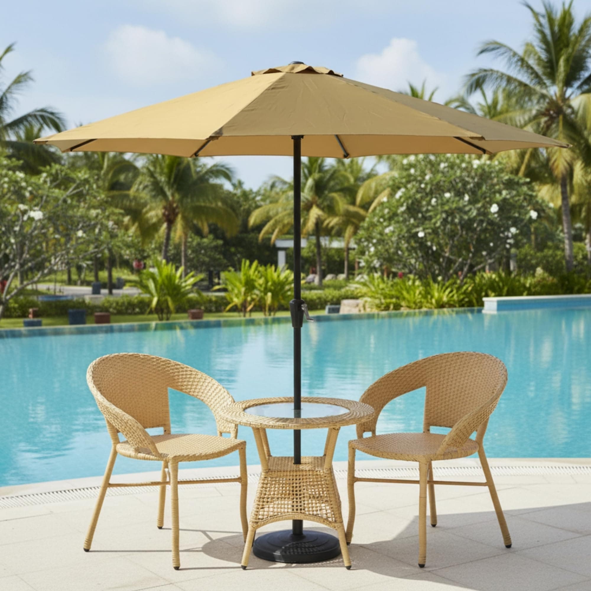 DEVOKO Umbaria 3-Piece Outdoor Rattan Wicker Patio Set with Umbrella for Garden, Backyard, Balcony, Porch, Poolside (Beige)