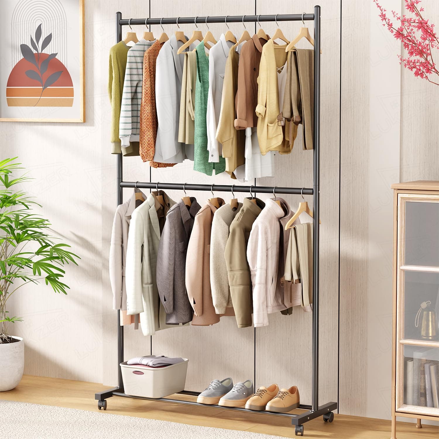 Lukzer Double Rod Garment Rack with Wheels | MGS-006/ Black | Heavy-Duty Metal Clothes Stand Organizer with Bottom Shelf | Rolling Clothing Rack for Bedroom, Laundry & Boutique (183 × 110 × 40 cm)