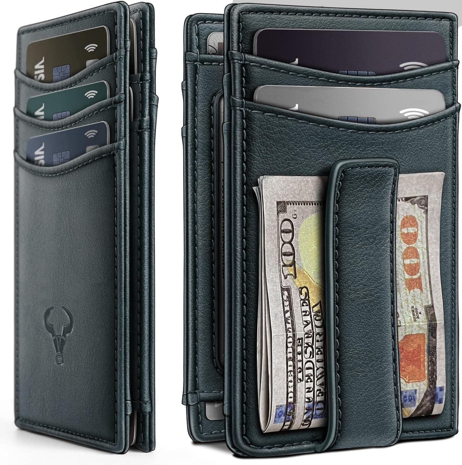 Contacts RFID Blocking Magnetic Closure Slim Genuine Leather Front Pocket Wallet for Men Holds up to 12 Cards Including 1 ID Window with Money Clip (Blue)