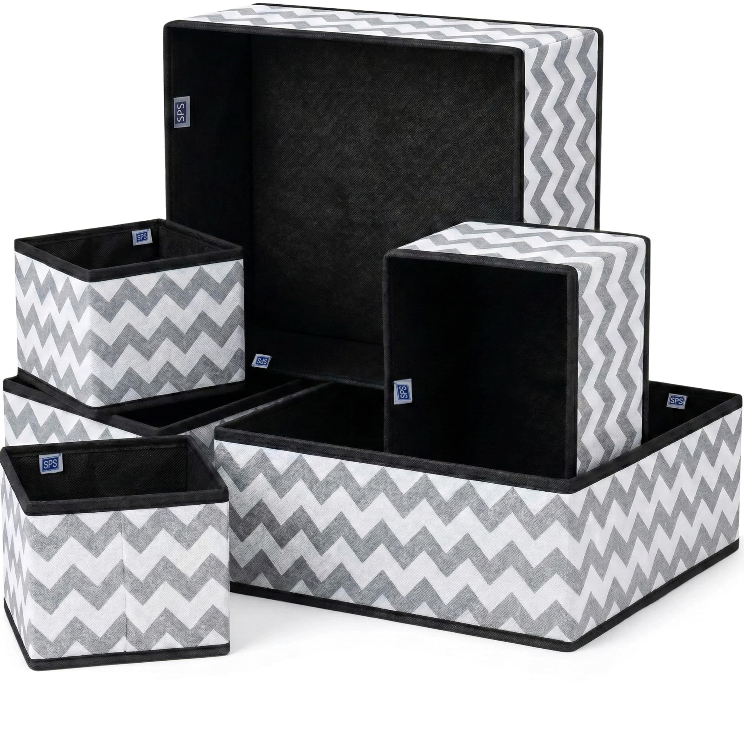 Skrill 6-Piece Foldable Cloth Storage Box Set | Cube Baskets, Bins & Dividers for Closet & Dresser Drawer Organization | Storage for Shirts, Pants, Underwear, Bras, Socks & More (Zigzag Waves Grey)