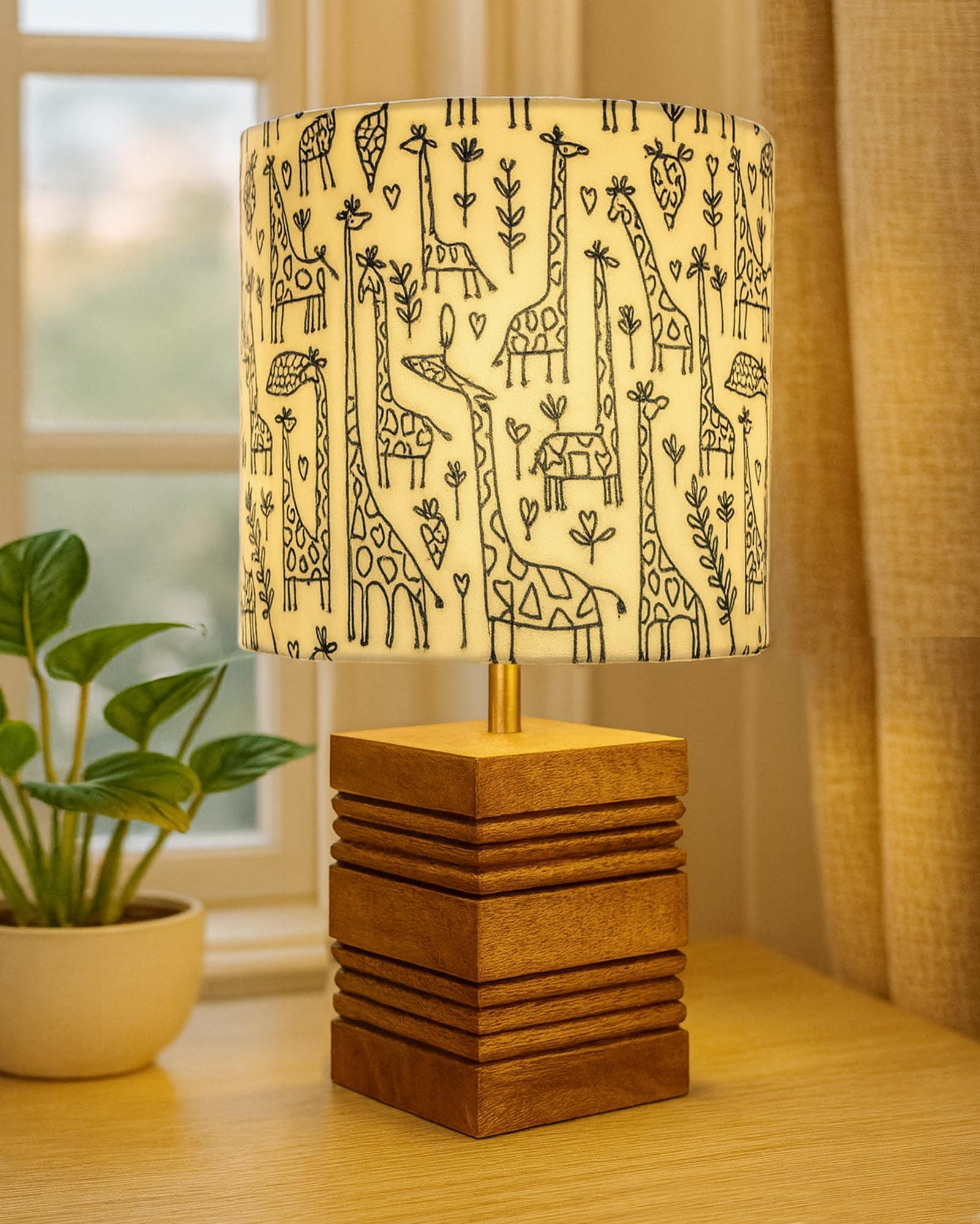 Homesake® Wooden Incandescent, Table Lamp for Living Room, Bedside Night Lamp, Lamps for Bedroom, Modern Home Décorative Light, Desk Lamp, Study Kids Room Lamp, Brown Rib Cube, Cone Savannah Shade