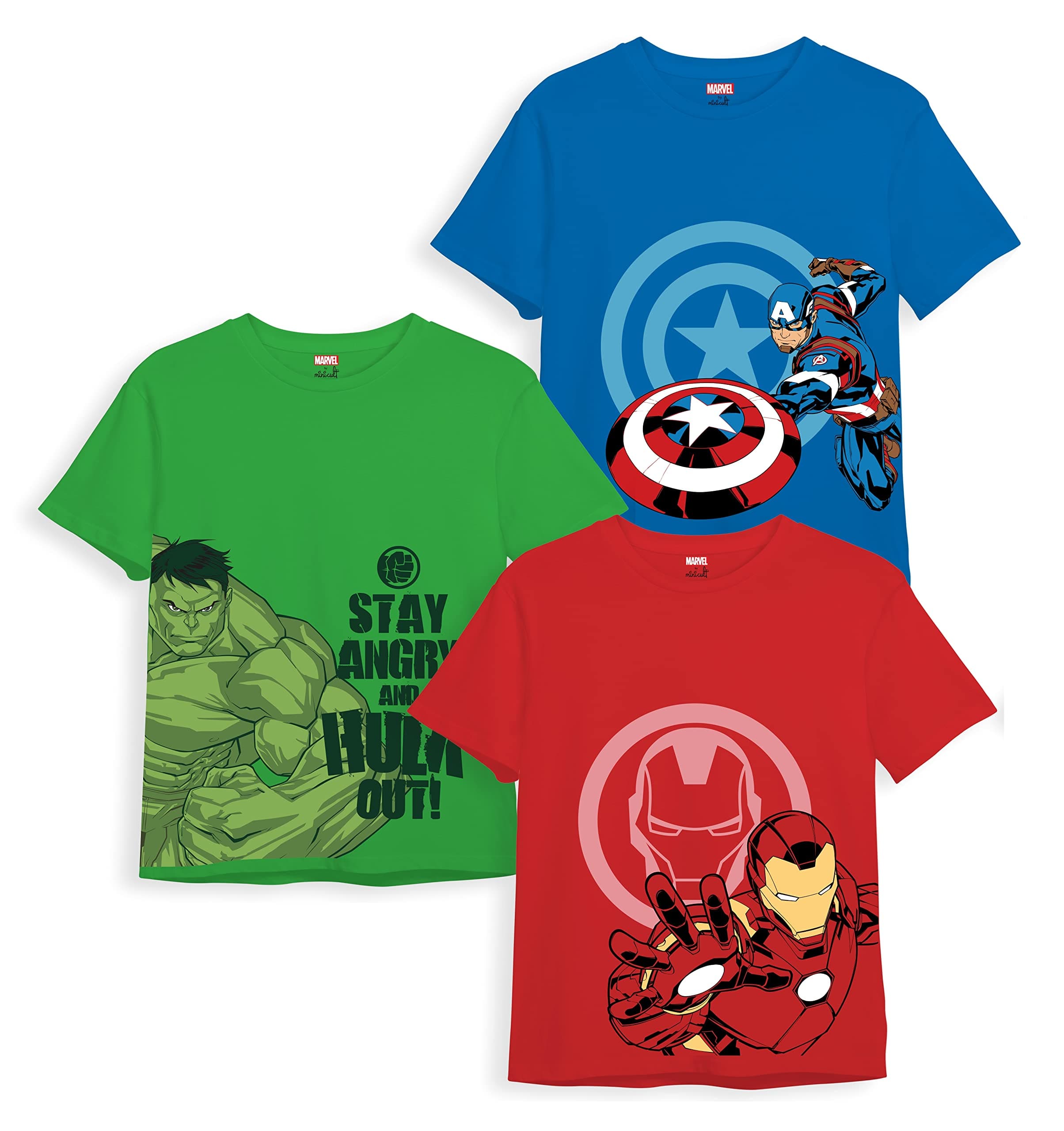 minicult Marvel Captain America Hulk Iron Man Cotton Tees Pack of 3 | 6–7Y | Official licensed Marvel pack of 3 cotton T-shirts with iconic superhero prints, soft comfort and vibrant everyday style.