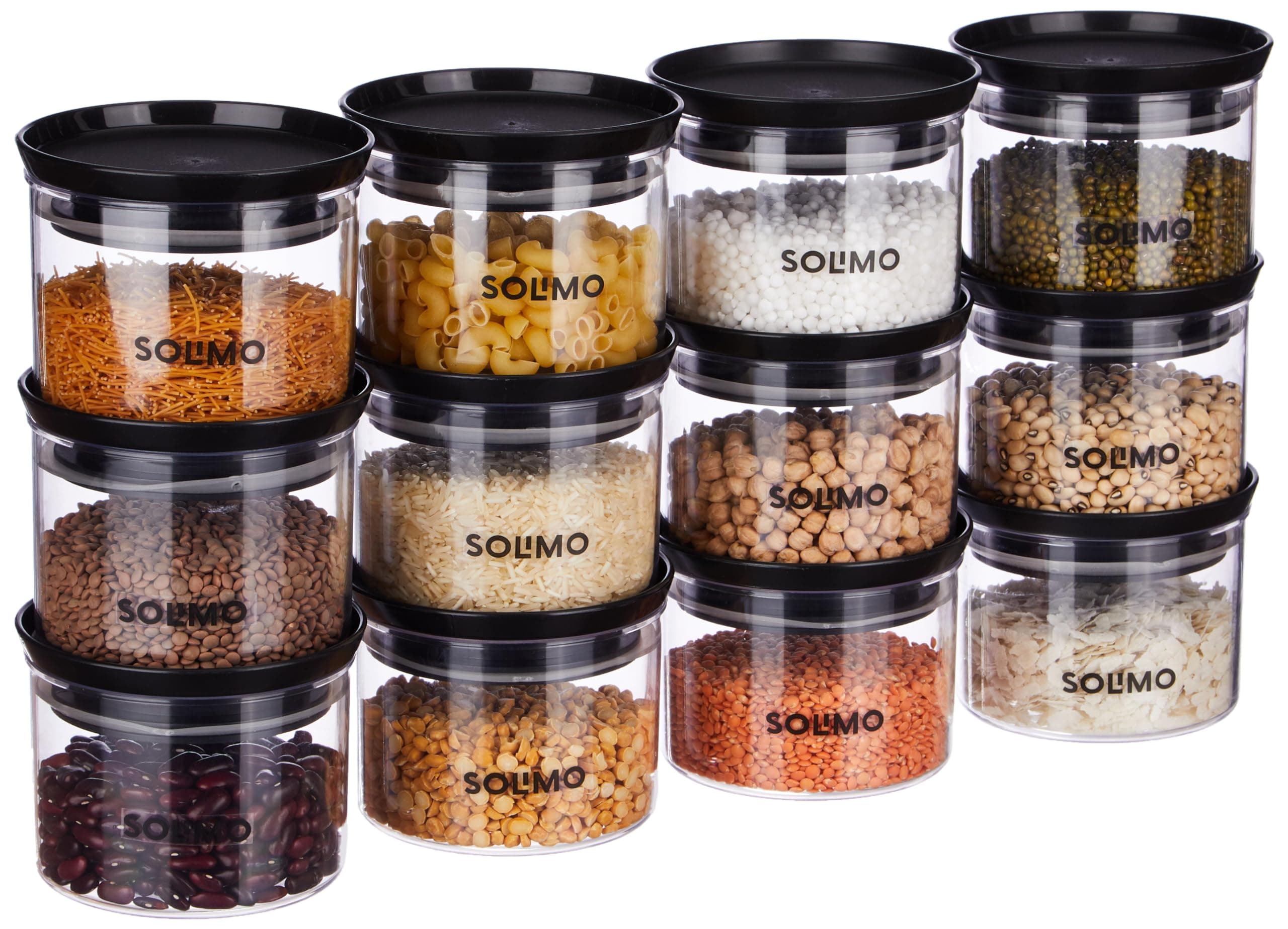 Amazon Brand - Solimo Plastic Storage Jar and Container Set I Air Tight & BPA Free Containers for Kitchen Storage Set I Grocery Kitchen Container Set I Multipurpose Jar, 500 Ml Each, Set 12, Black