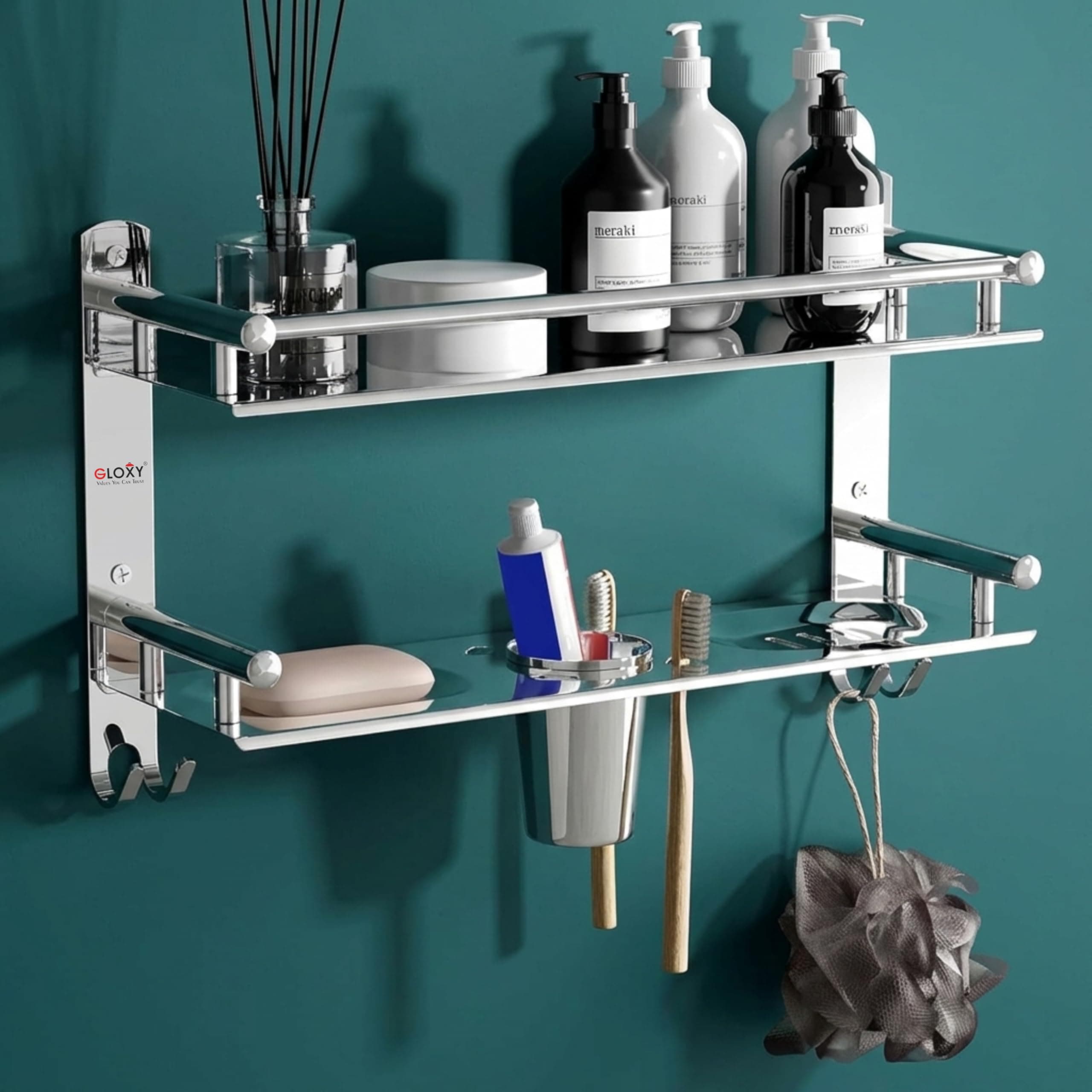 GLOXY Premium Bathroom Stainless Steel Organizer Shelf Rack with Soap Holder & Toothpaste Holder - Multipurpose Bathroom Fittings Accessories Set for Home, Office, Hotels, Restaurants & Hospitals