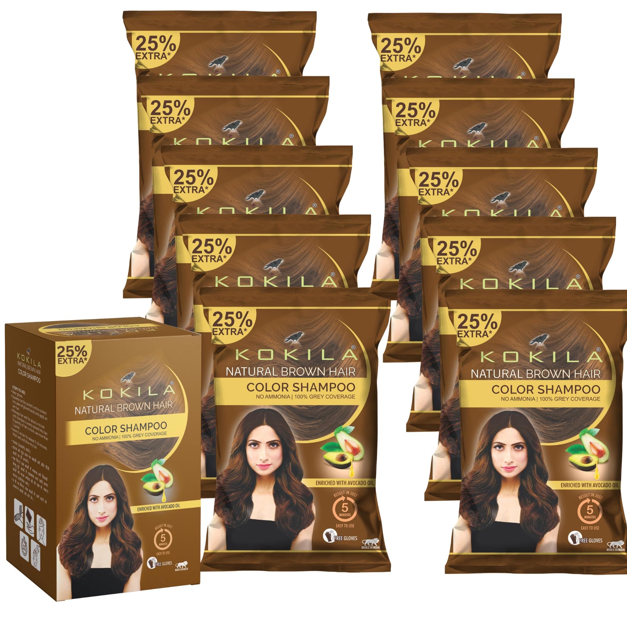 Kokila Unisex Hair Color Shampoo Enriched With Almond Oil in Just 5 Minute, Long-Lasting Instant Hair Color Brown Pack of 15 (18ML Each)