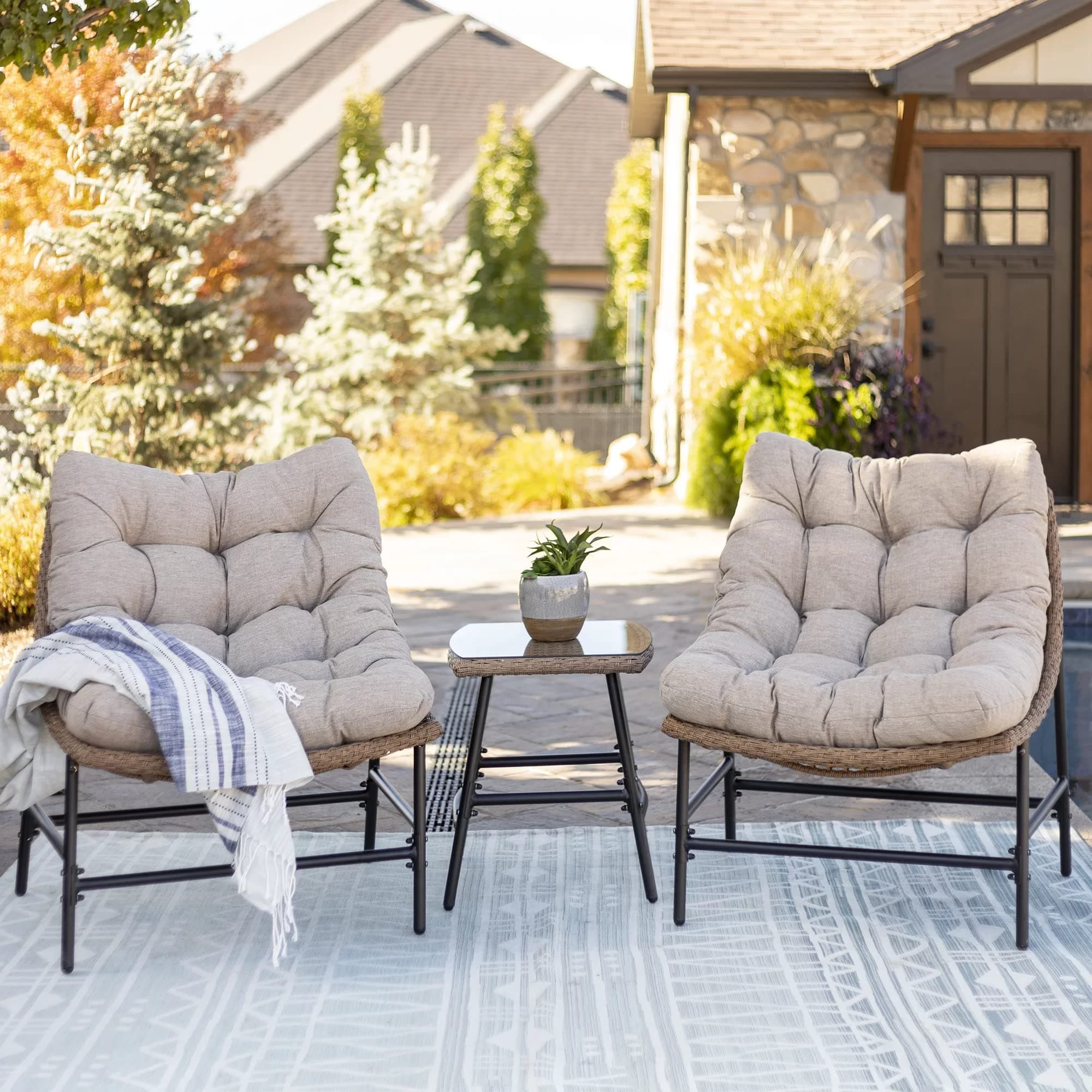 DEVOKO Solis Patio Furniture Set 3 Piece Porch Backyard Garden Outdoor Furniture Rattan Chairs with Cushions for Garden, Balcony, Lawn, Backyard (Beige and Cream)