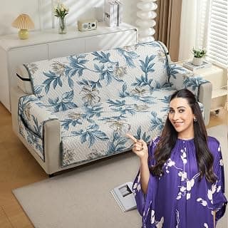 HOKIPO 'HomeHues Series' 3 Seater Quilted Printed Sofa Cover with Pockets, Celadon Blue Camellia (IN-813-D8)