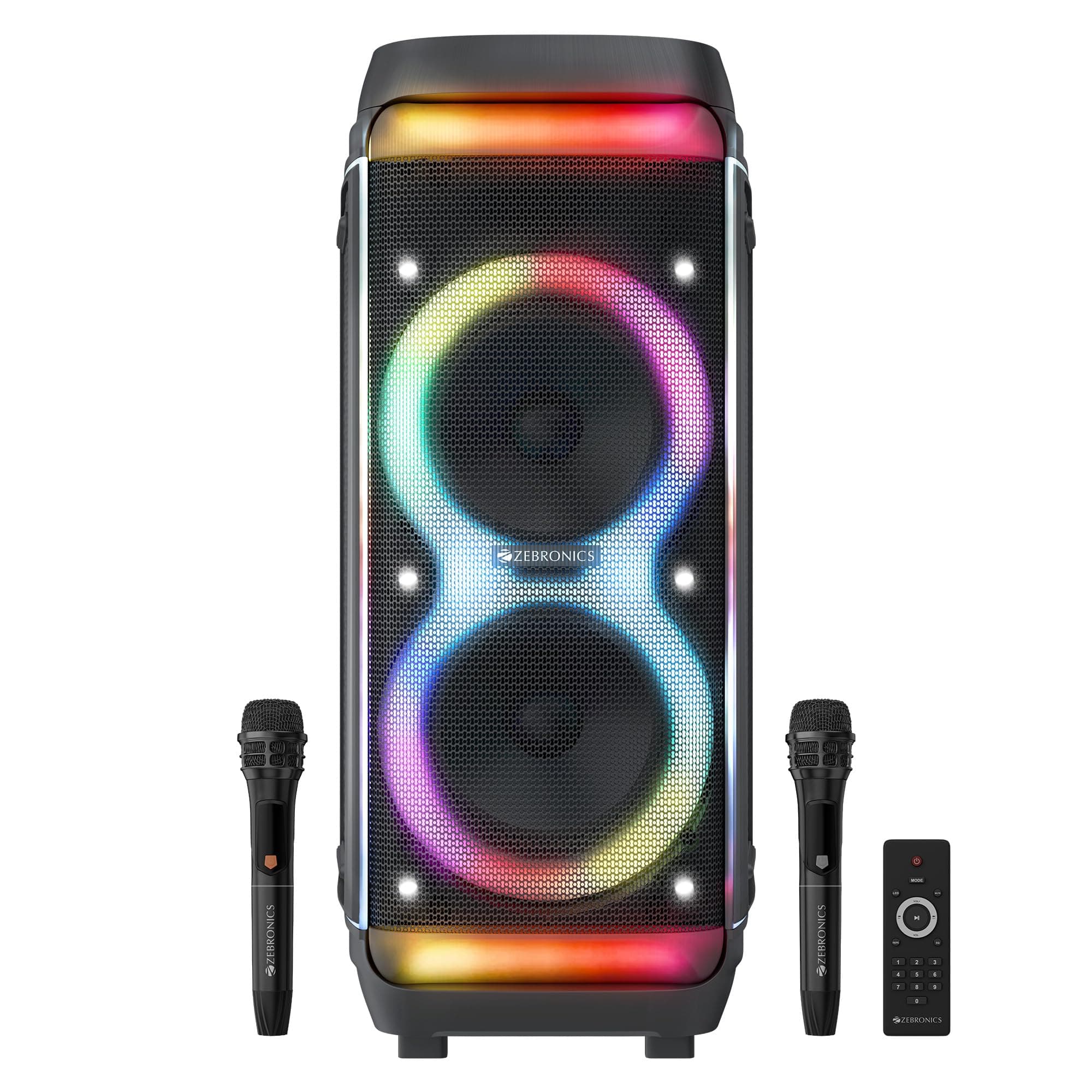 Zebronics Trolley DJ Speaker, 200W, Upto 9 Hours Playback, Dual 25.4cm Full-Range Drivers, Karaoke, TWS, BT v5.0, USB, SD, mSD, AUX, RGB, Dual Wireless UHF Mic, 6 Band EQ Control (Party Fyre 102)
