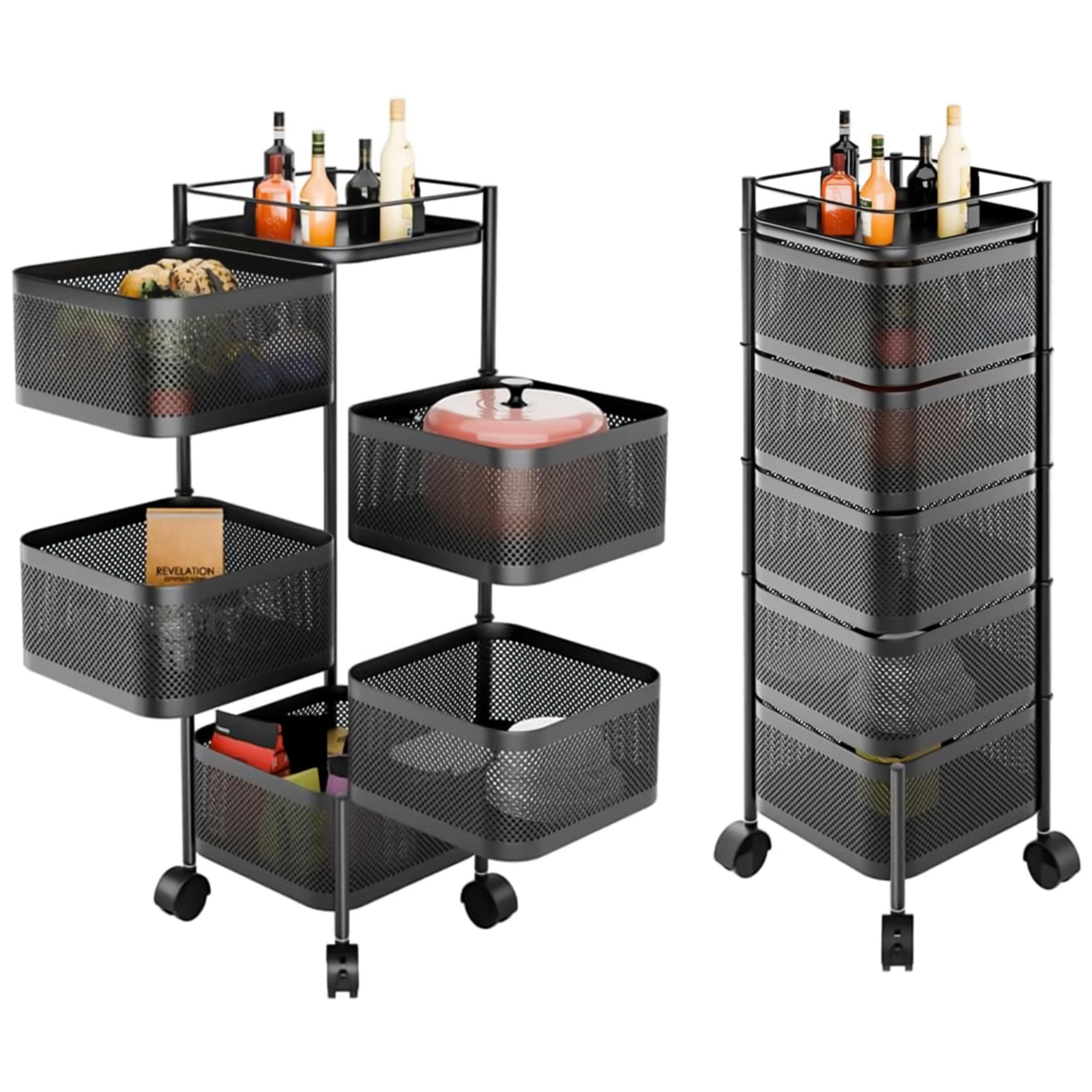 Livzing 5-Layer 360° Revolving Kitchen Storage Trolley with Wheels | Kitchen Trolley Organizer | Kitchen Trolley Storage Rack | Metal Trolley for Kitchen Storage & Vegetables