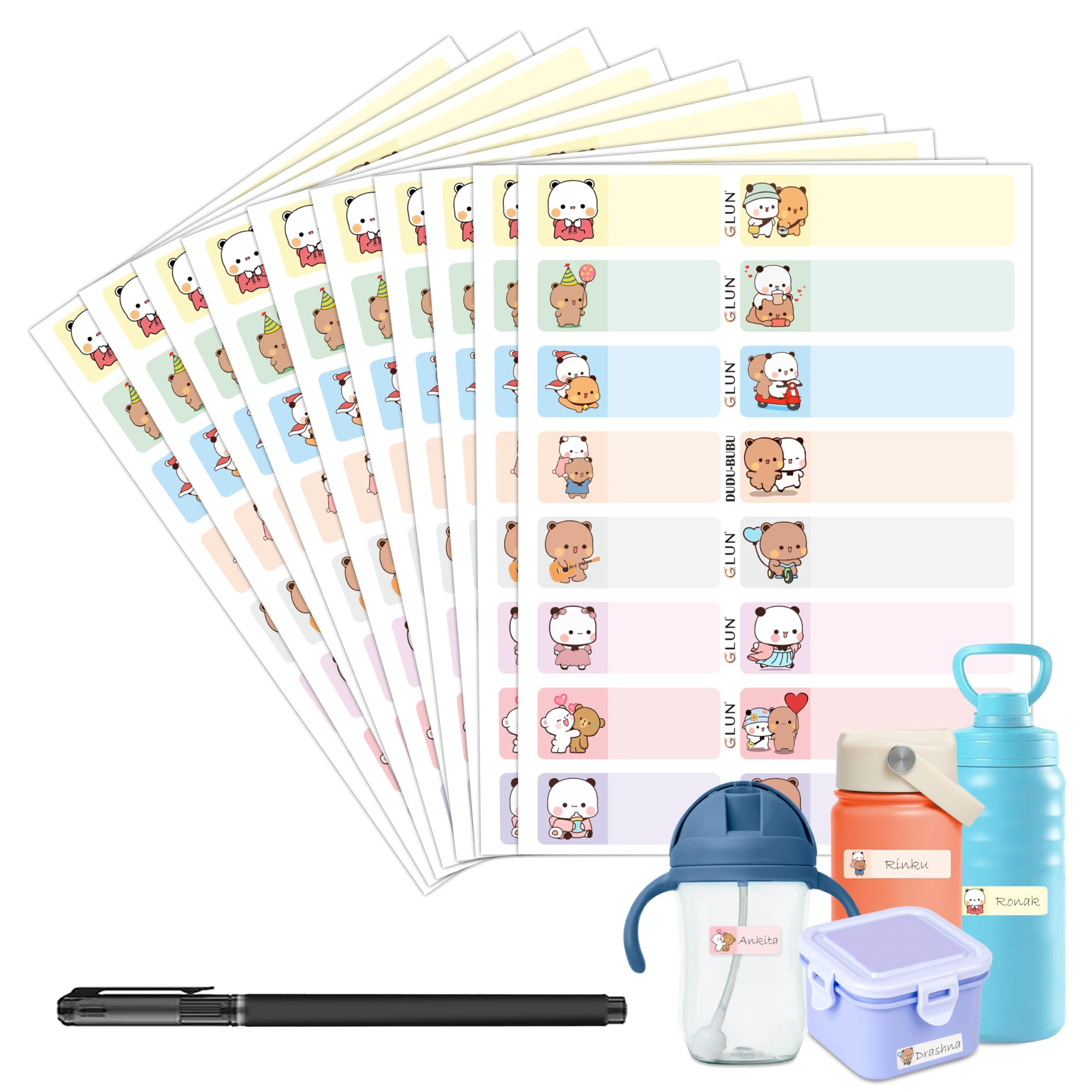 GLUN® Dudu Love Bubu Bear Characters Theme Vinyl Name Tag Waterproof Stickers, 10 Sheets 160 Chits, Bottles, Lunch, Clothes, & Lunch Box, Fadeproof Reusable Self-Adhesive Stickers