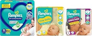 Pampers All round Protection Pants, New Born & Active Baby Diapers, New Born, Extra Small, (NB, XS) size, 24 Count, Taped style diaper & Active Baby Taped Diapers, Small size Diapers