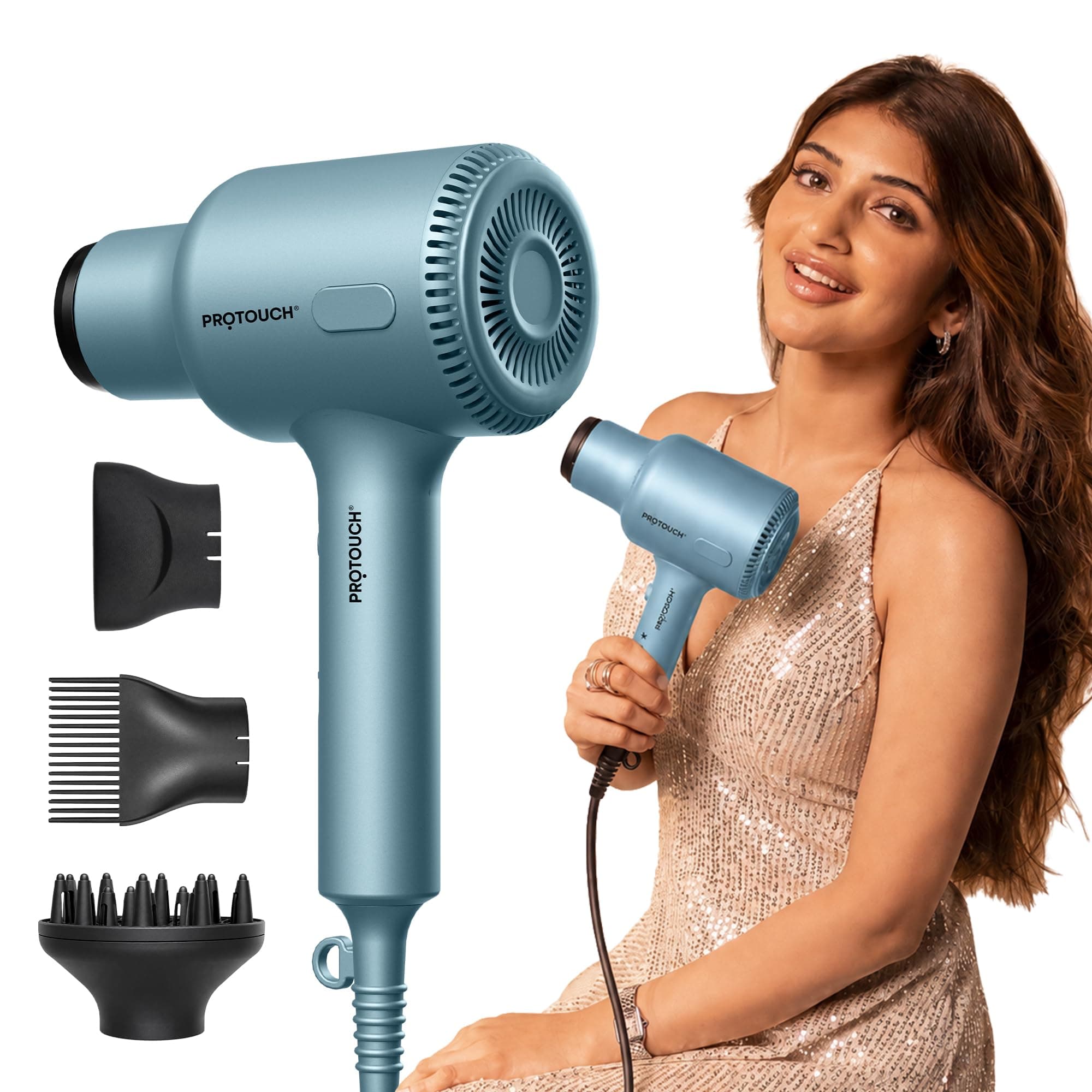 PROTOUCH AirZ 3-in-1 Professional Hair Dryer | 1780W AC Motor, Hair Dryer with Diffuser, Concentrator & Smoothing Nozzle, 3 Heat & 2 Speed Settings, Cool Shot, Fast Drying
