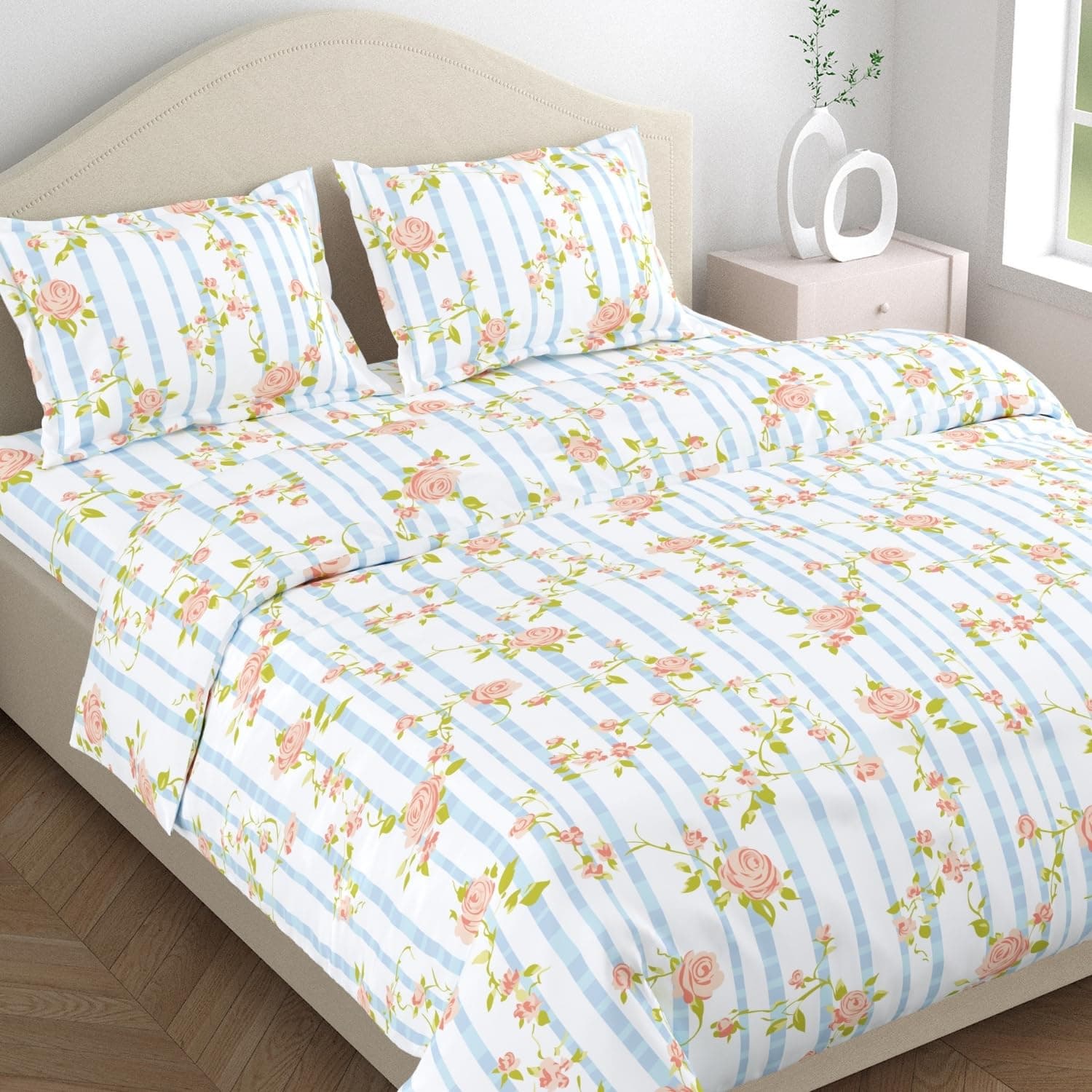 haus & kinder 144 TC Double Bed Pure Cotton Bedsheets for Queen Size Bed with 2 Pillow Covers-Rosaline Stripes Bedsheet