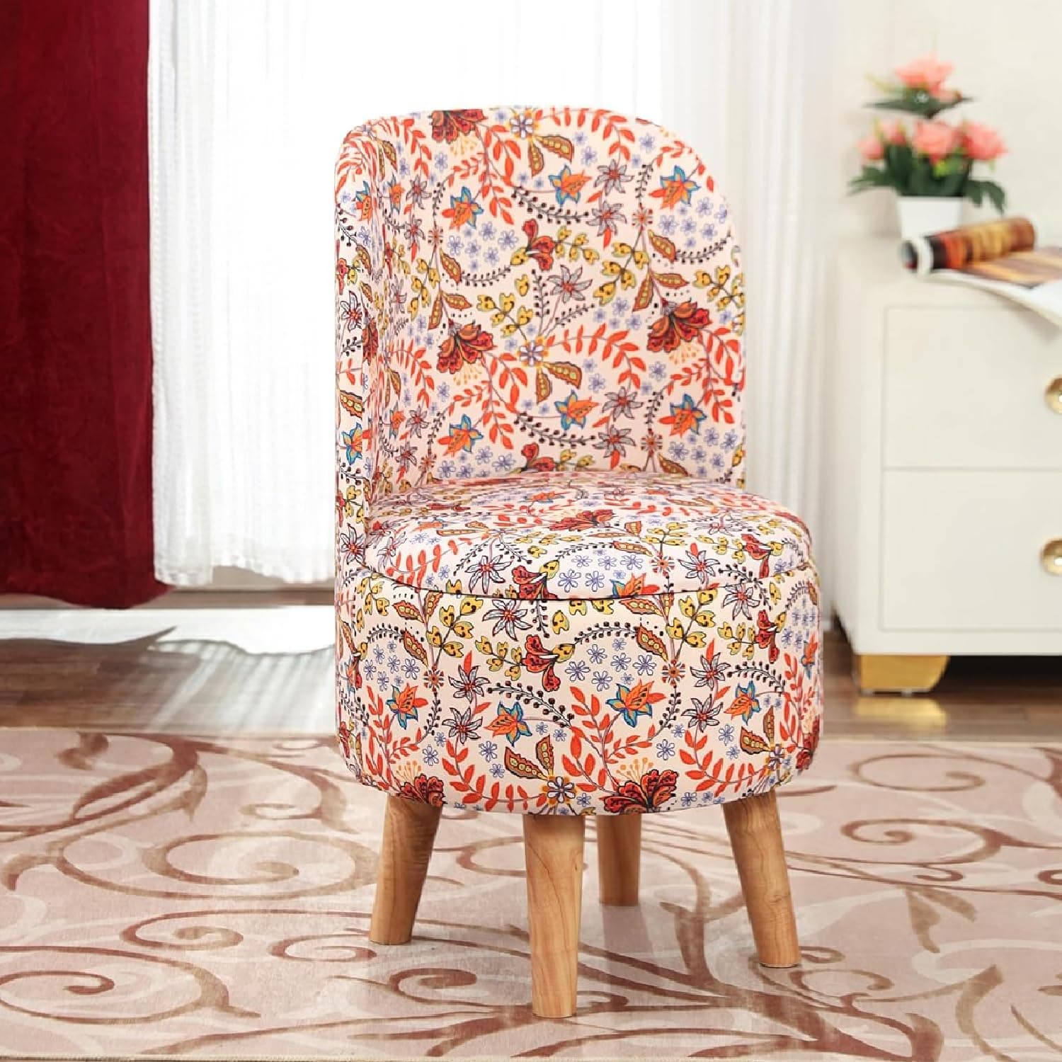 NACIA Elegant Velvet Printed Ottoman Chair | Dressing Table Chair for Bedroom Makeup Room Decor | Modern Upholstered Ottoman with Wooden Legs for Living Room & Home (18x18x32 Inches, Pink Leaf)