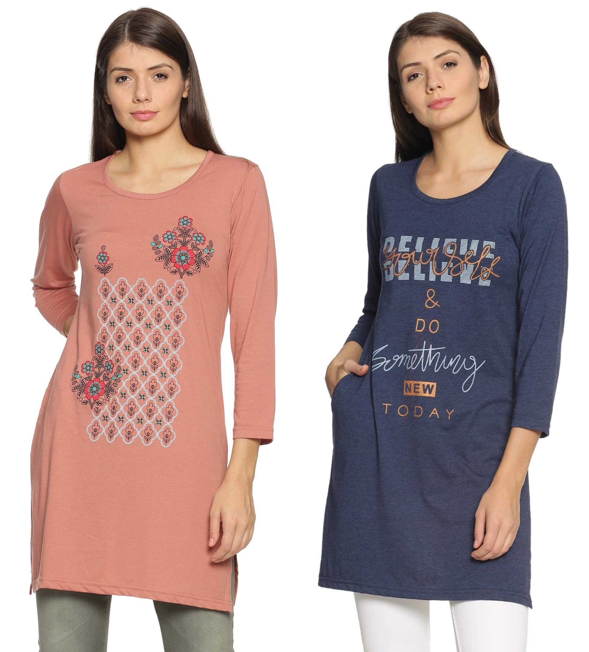 RYSH Women's Cotton Blend Plus Size Printed Kurti Full Sleeves Pack of 2 English Brown & Denim Melange 3XL