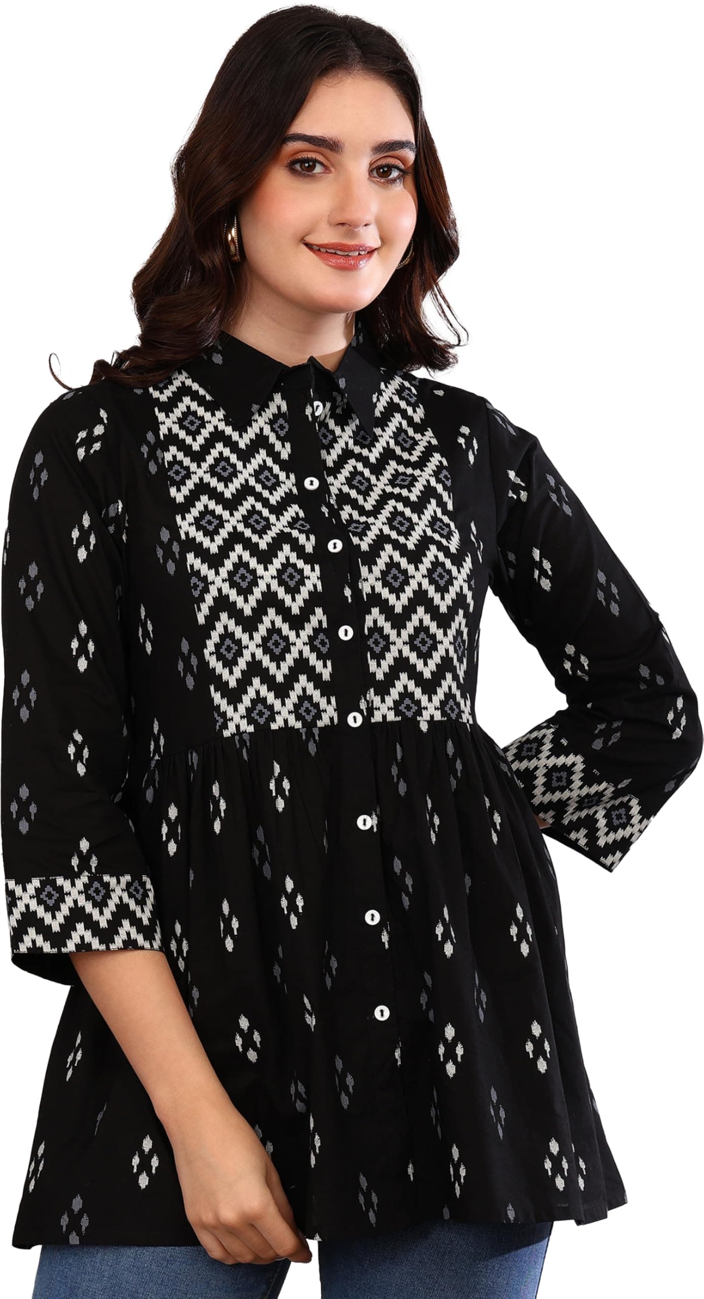 Yash Gallery Women Cotton Regular Fit Geometric Print Hip Length 3/4th Sleeve Collared Neck Short Kurti