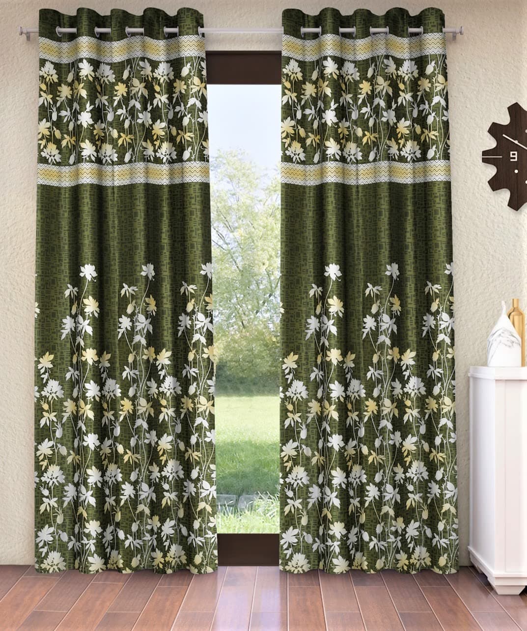 Home Sizzler 2 Piece Flower Border Panel Eyelet Polyester Door Light-Filtering Curtains- 7 Feet, Green, Eyelet, Floral