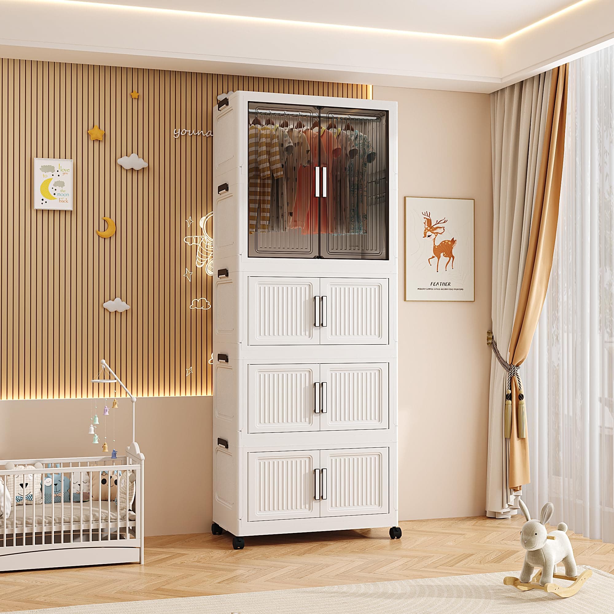 Mevigo 4-Door Plastic Wardrobe for Kids| Almirah and Wardrobe for Baby Clothes| Modular Storage Cabinet with Wheel Organizer for Cupboard Rack for Clothes/Shoes/Books/Toy-Whhite-713