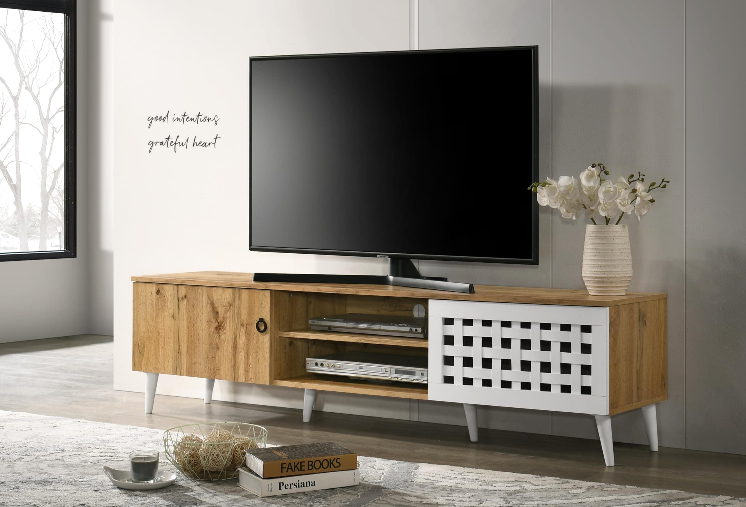 DeckUp Ceylon Engineered Wood TV Unit (Wotan Oak & White, Matte Finish)