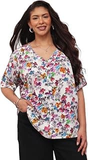 SASSAFRAS Curve Women's Plus Size Floral V-Neck Button Down Top